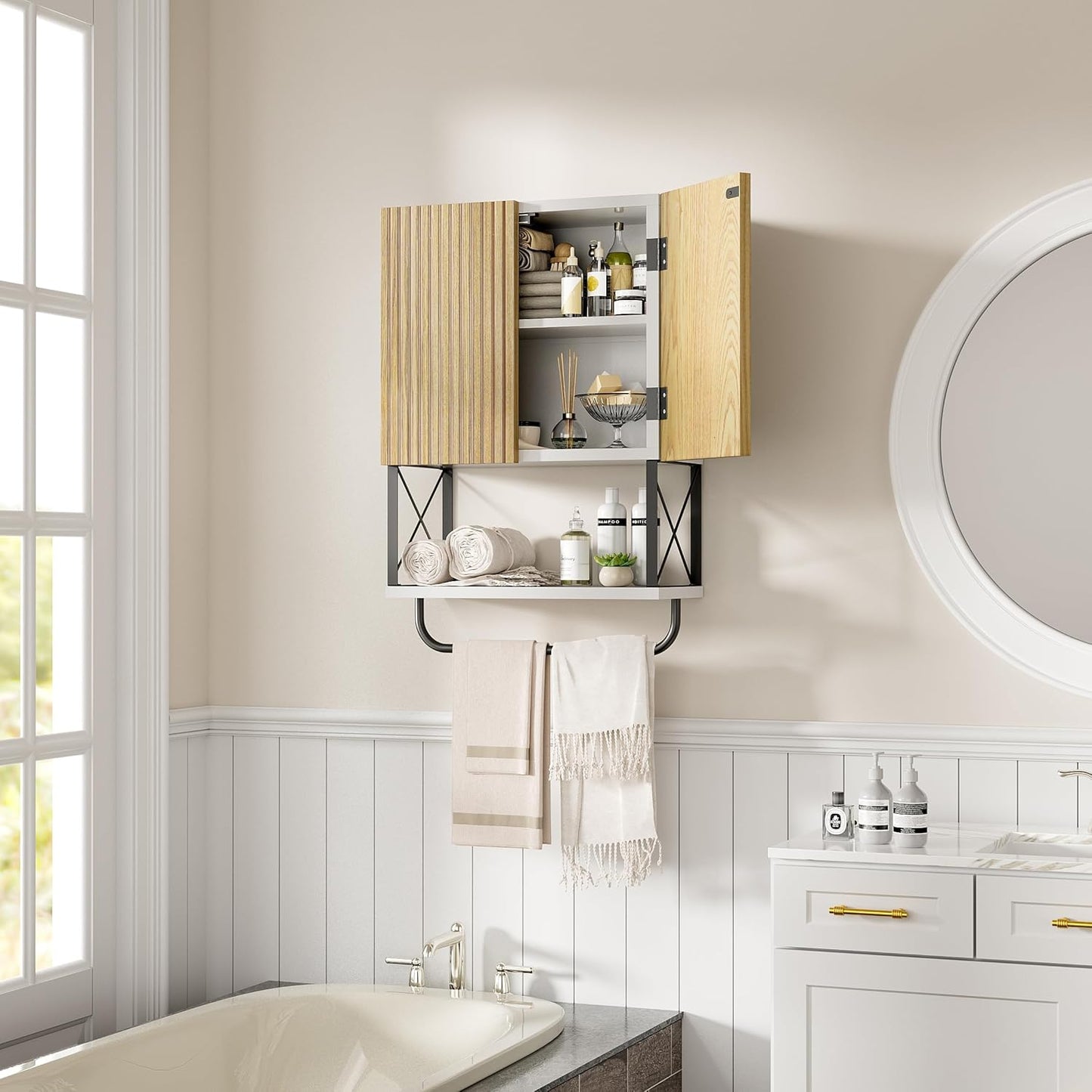 Bathroom Wall Medicine Cabinet, Fluted Hanging Wall Mounted Cabinet with Towel Bar, Above Toilet Storage Cabinet for Bathroom Organizers and Storage, White