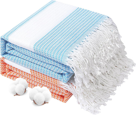 Genovega 2 Packs Oversized Turkish Beach Towels 74"x38" Thin Quick Dry Sand Free Pool Swim Bathing Towel Extra Large Blanket Adult Travel Essentials Accessories Summer Vacation Blue Orange Dot