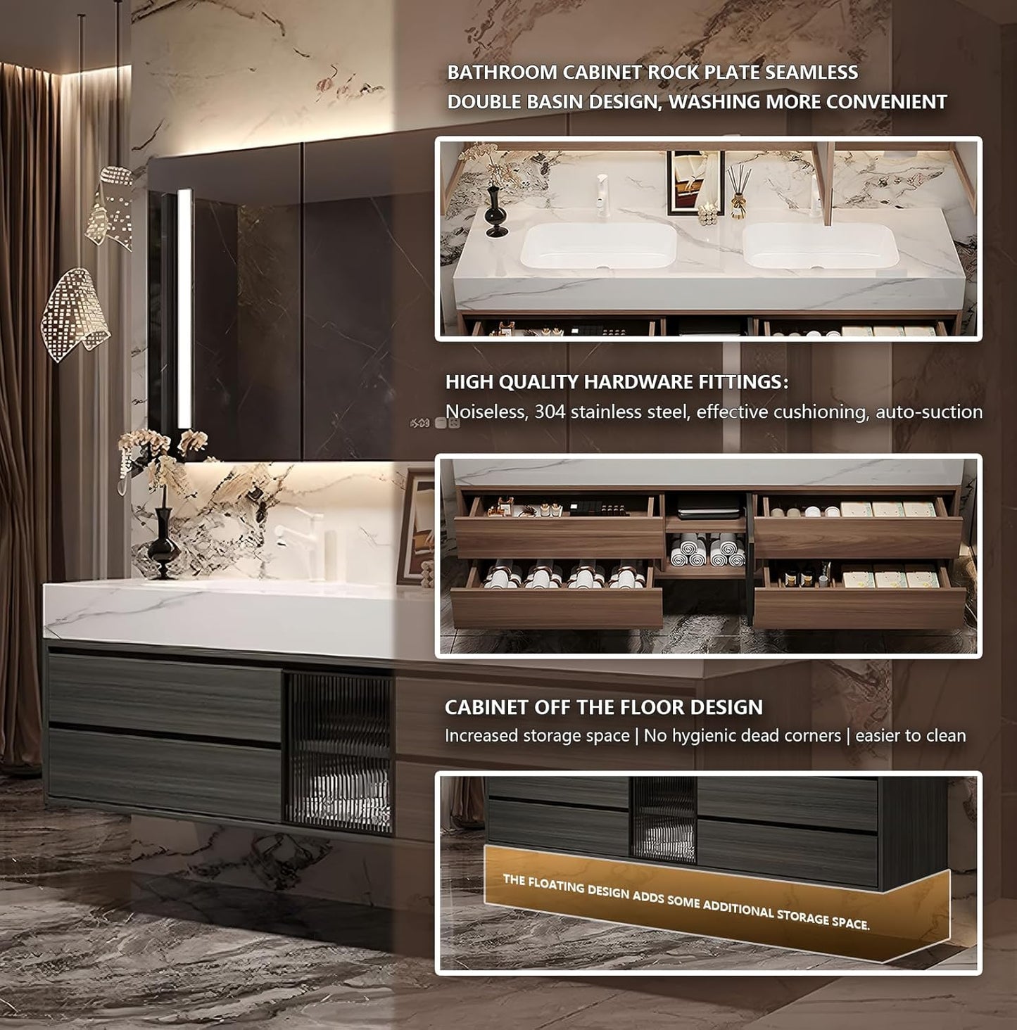 88IN Bathroom Vanity with Double Sink, Modern Bathroom Vanity with LED Smart Defog Mirror Cabinet & Integrated Ceramic Sink, Floating Vanities with Drawers and Glass Cabinet Door (Walnut)