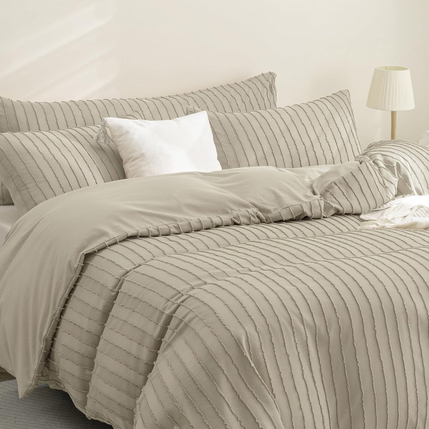JELLYMONI Duvet Cover King Size Khaki - 3PCS Boho Striped Duvet Cover Set Polyester Tufted Bohemian Textured Comforter Cover 104×90in with Corner Ties & Zipper and 2 Pillowcases