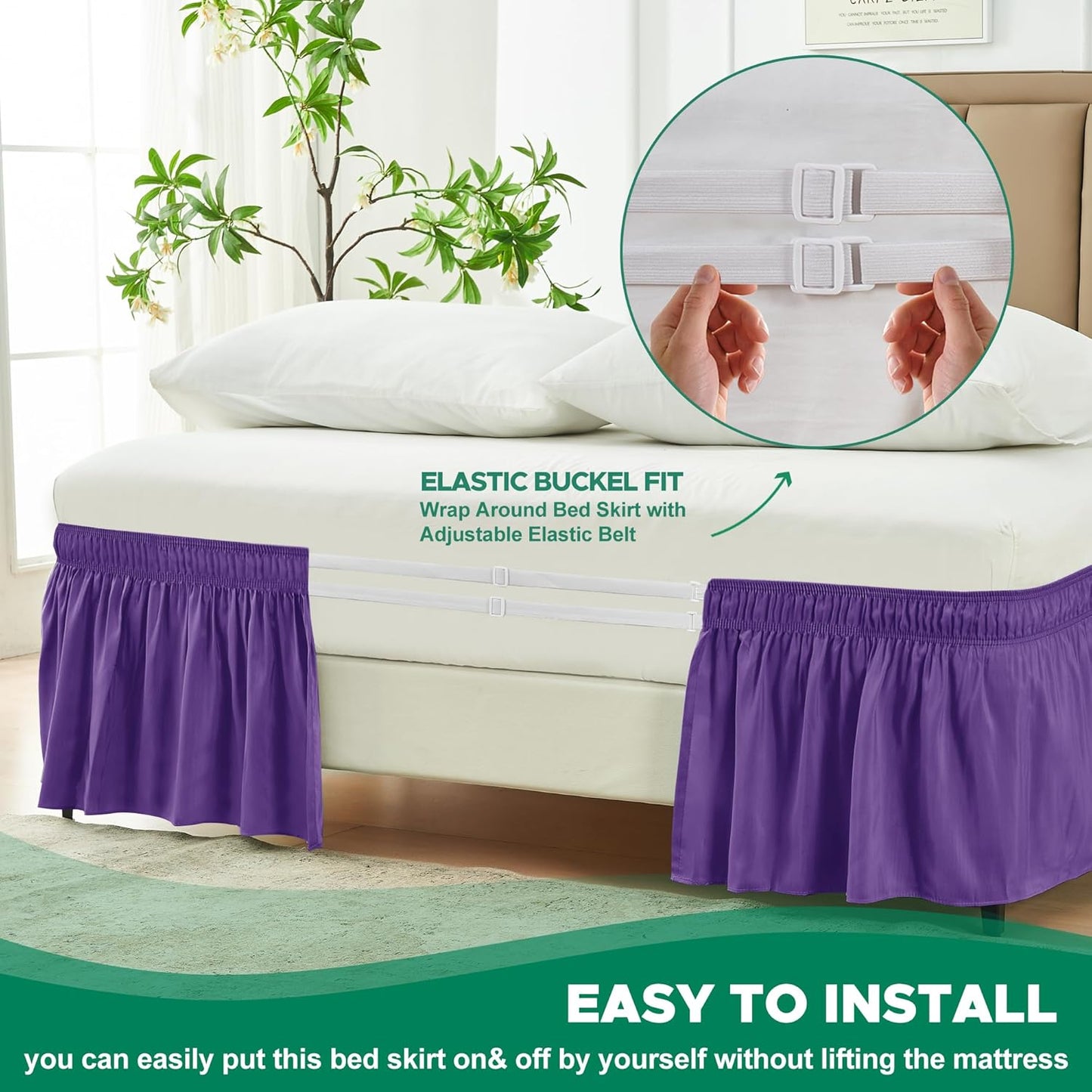 Biscaynebay Wrap Around Bed Skirts for King & Cal King Beds 15" Drop, Purple Adjustable Elastic Dust Ruffles Easy Fit Wrinkle & Fade Resistant Silky Luxurious Fabric Machine Washable