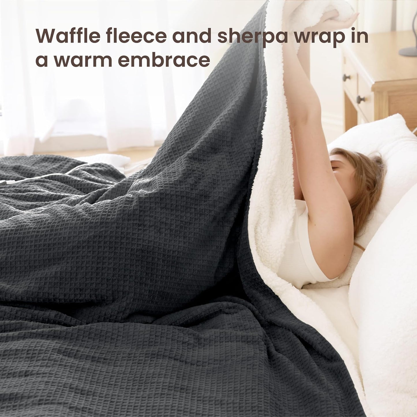 Heated Blanket Electric Blanket King Waffle, 90x100 Inches Dual Controllers Sherpa Fleece Fast Heating Blanket 6 Heating Levels & 10 Hours Auto Off ETL Certification,Charcoal Grey King