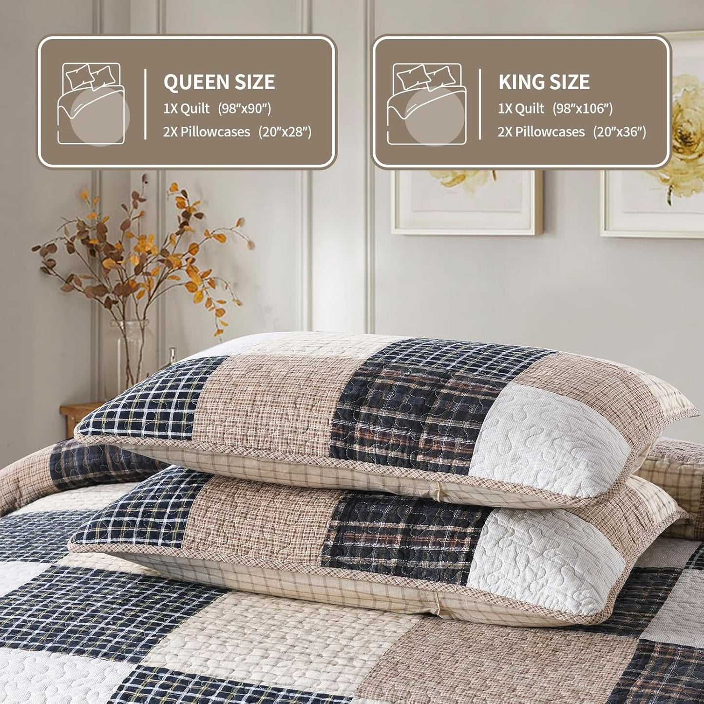 KALOOLA Patchwork Queen Quilt, 100% Cotton Lightweight Bedspreads Queen Size 3 Pieces, Tan Brown Beige Queen Quilt Bedding Set, Farmhouse Rustic Coverlet for All Season