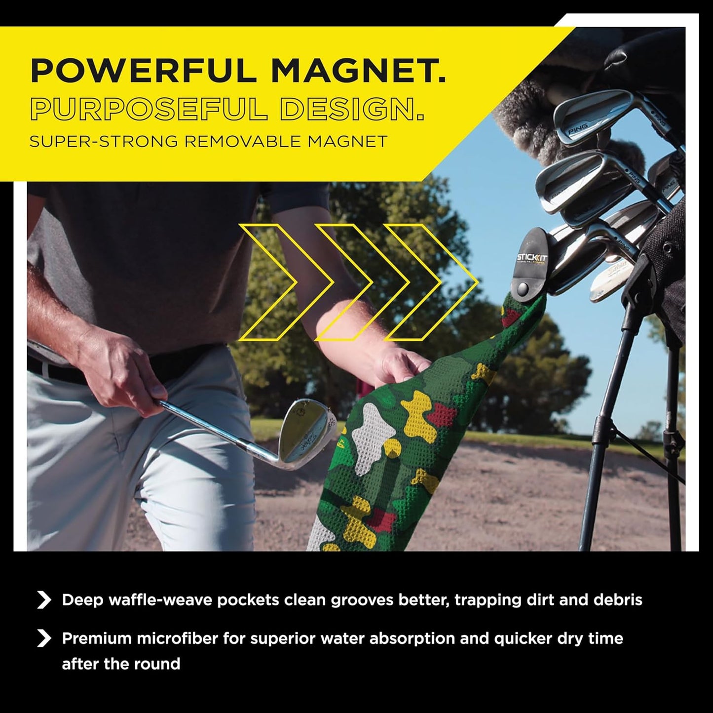 STICKIT Magnetic Golf Towel, Camo Augusta Green | Top-Tier Microfiber Golf Towel with Deep Waffle Pockets | Industrial Strength Magnet for Strong Hold to Golf Carts or Clubs | Golf Greens Camo