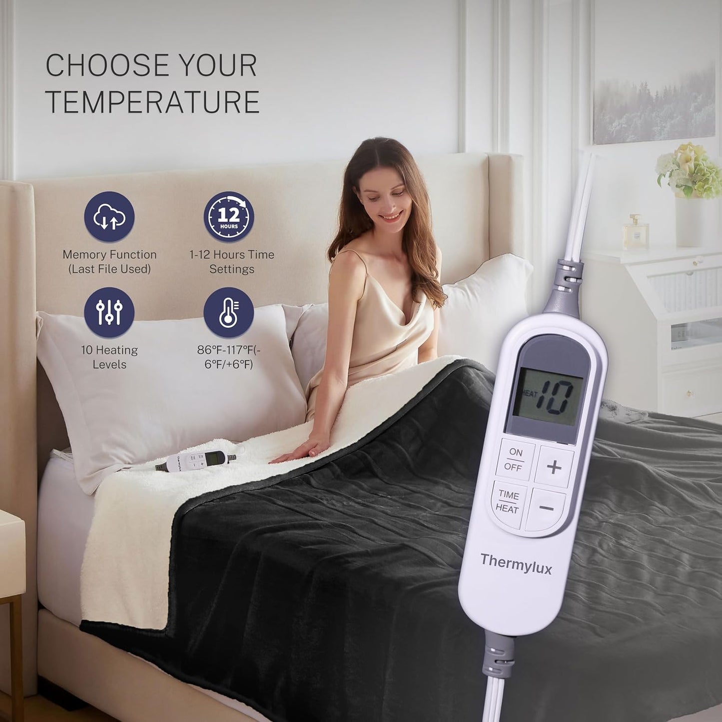 Electric Blanket Twin 62"x84" Heated Electric Blankets 10 Heating Levels 12 Time Settings 8 Hours Auto Off Fast Heating and Overheat Protection ETL Certified Machine Washable,Black
