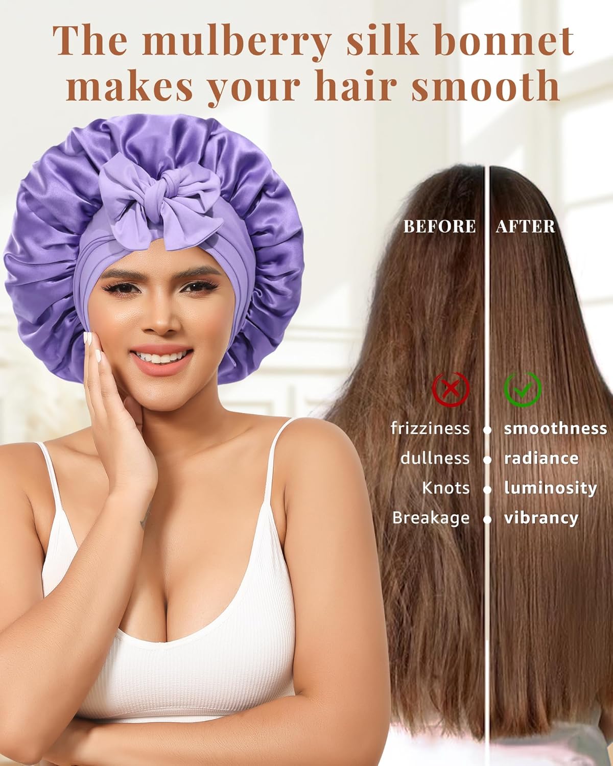 AWAYTR Silk Bonnet for Sleeping Women 100% Mulberry Silk Bonnet with Band 2 Layer Reversible Hair Bonnet Sleeping Hair Wrap (Purple/Violet)