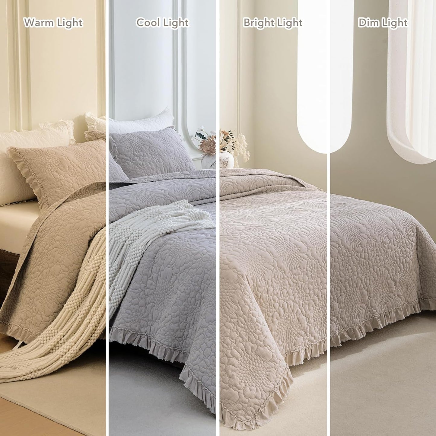 QSH 3PCs Stonewashed Cotton Quilt Queen Size (90"x98"),Linen Feel Ruffled Quilt Set,Ultra Soft Lightweight Crinkled Bedspread Coverlet Queen Shabby Farmhouse Chic Bedspreads Set with Pillow Shams