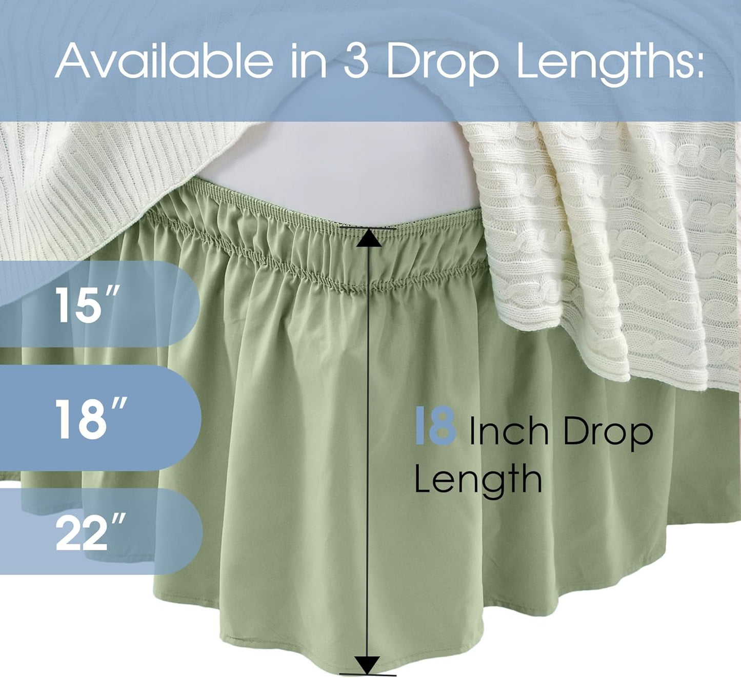 FreshCulture Twin Bed Skirt, Elastic Wrap Around Bed Skirt Twin Size, Bed Skirts for Adjustable Bed, Easy Fit with 18 Inch Drop Length, Hotel Quality Dust Ruffle for Twin Bed (Sage Green)