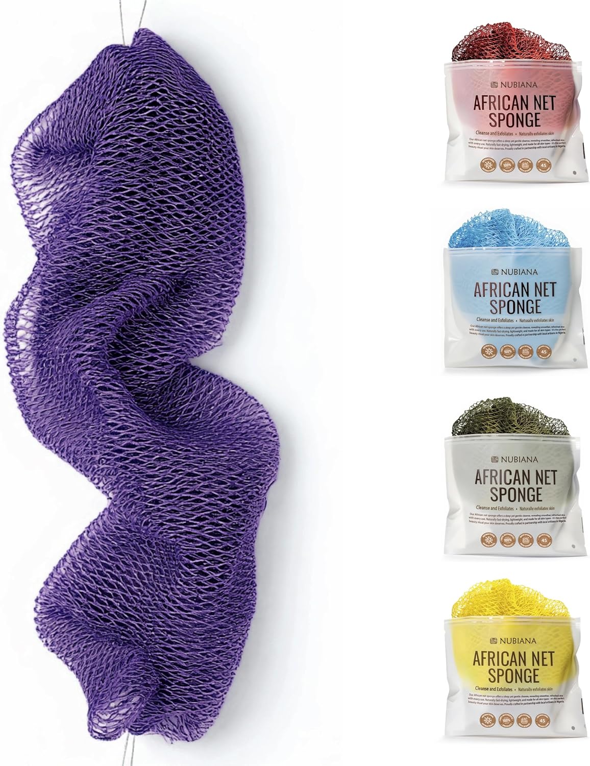 Nubiana African Net Sponge Authentic - 45 Inch Exfoliating Body Sponge from Nigeria - Natural Bath Sponge for Smooth Soft Skin - Long Lasting Quick-Drying - Single Pack (Purple)