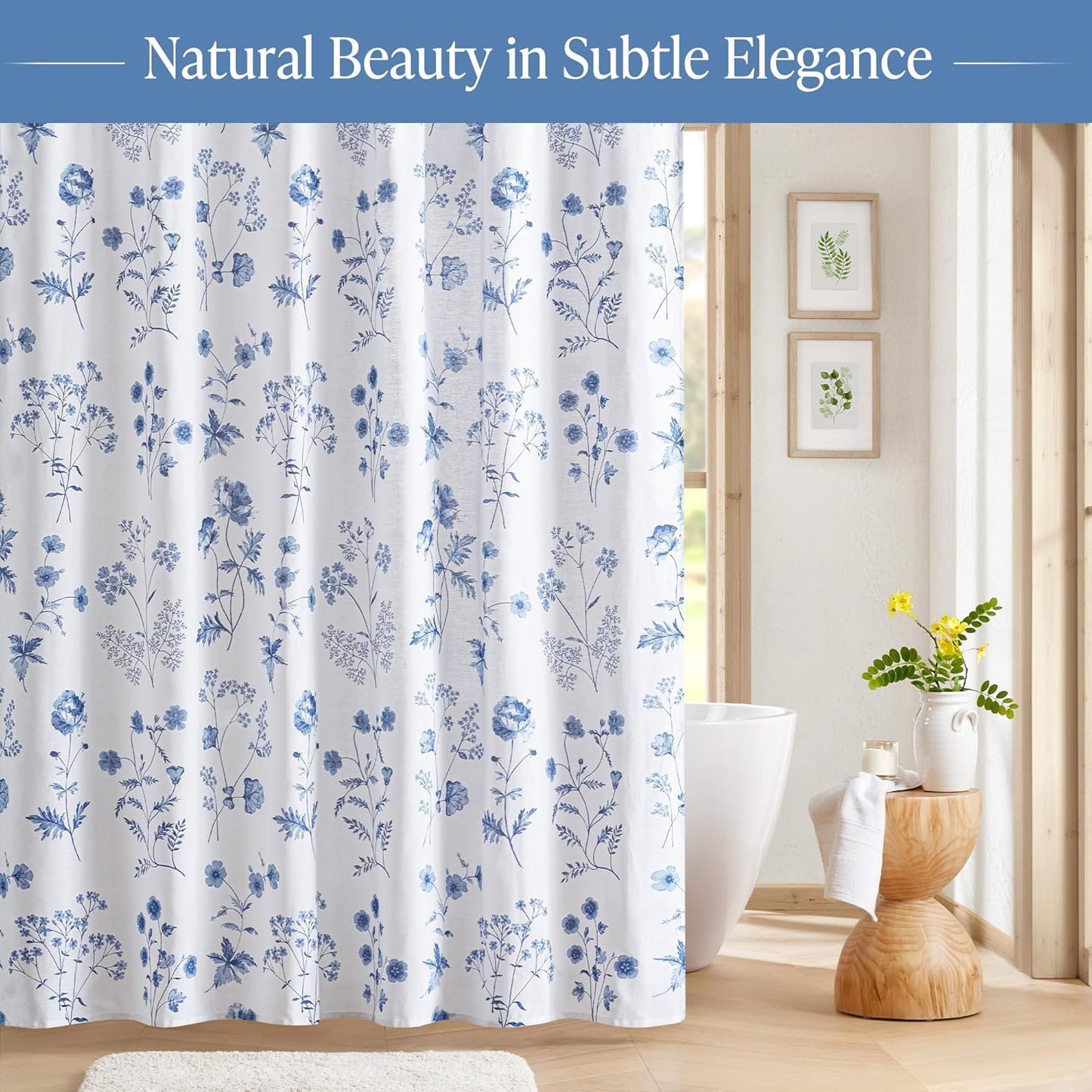 Martha Stewart Martha's Garden Shower Curtain Botanical Floral Print Cotton Shower Curtain for Bathroom, Spa Quality Modern Shower Curtains Standard Size, 72x72 Blue