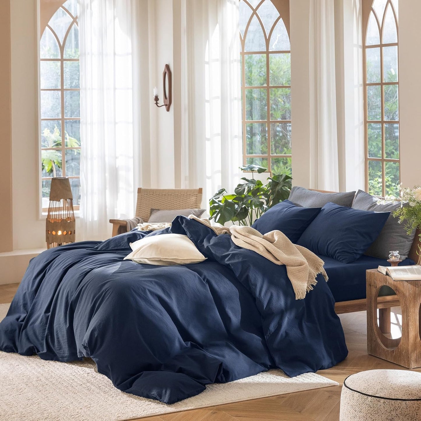 MooMee Bedding Duvet Cover Set 100% Washed Cotton Linen Like Textured Breathable Durable Soft Comfy (Solid Navy, Queen 90"x90")