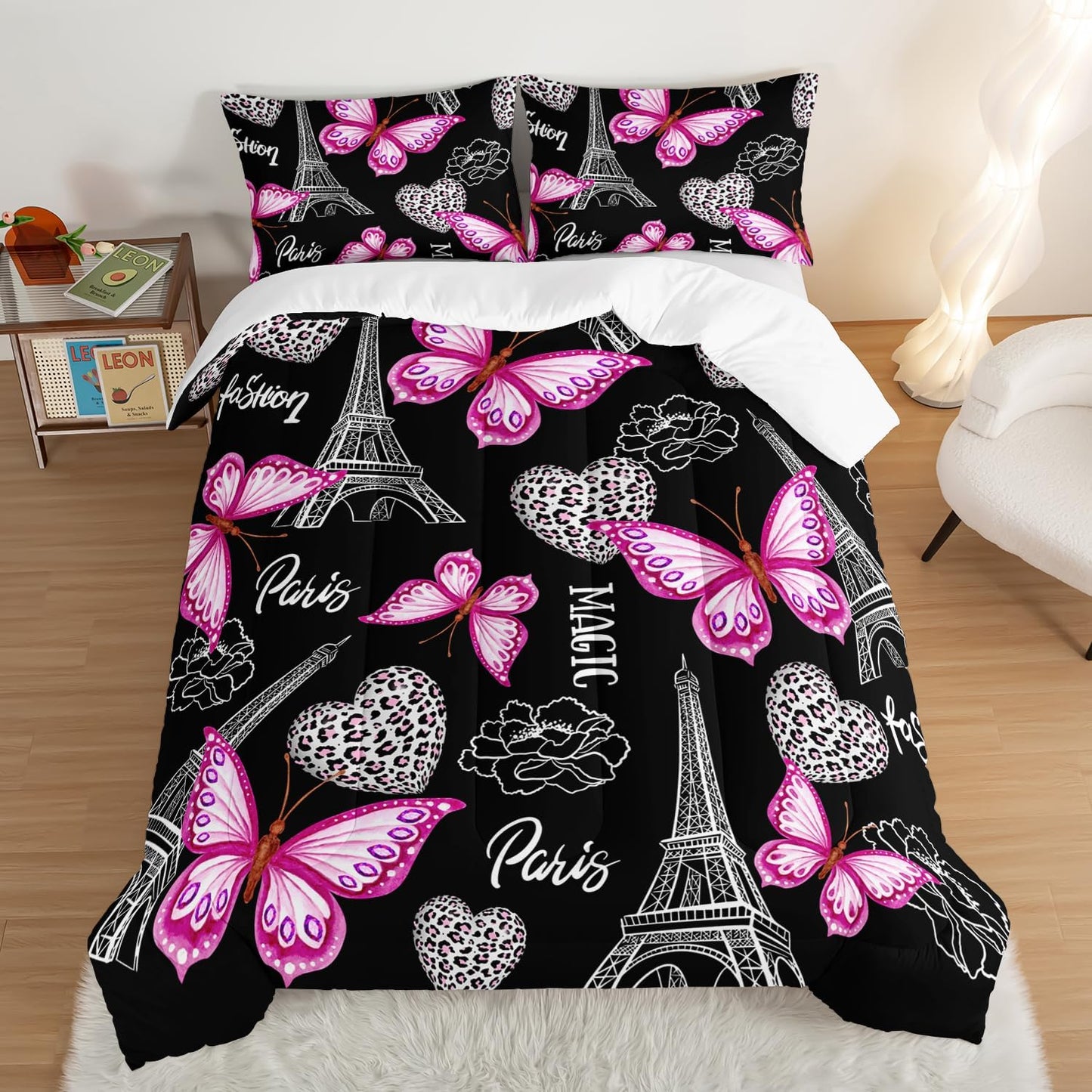Pink Butterfly Comforter Full Bedding Sets for Girls, Eiffel Tower Leopard Heart Pattern Bedding Sets with 2 Pillowcases,Aesthetic Bedding for Women Girls Bedroom Paris Decor.