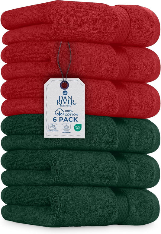 DAN RIVER 6-Pack Premium Christmas Hand Towels (16x28 Inches) - 100% Cotton, Ultra Soft, Lightweight, Highly Absorbent Towels for Bathroom, Gym, Salon, Hotel, and Travel - 550 GSM - Red & Green Combo