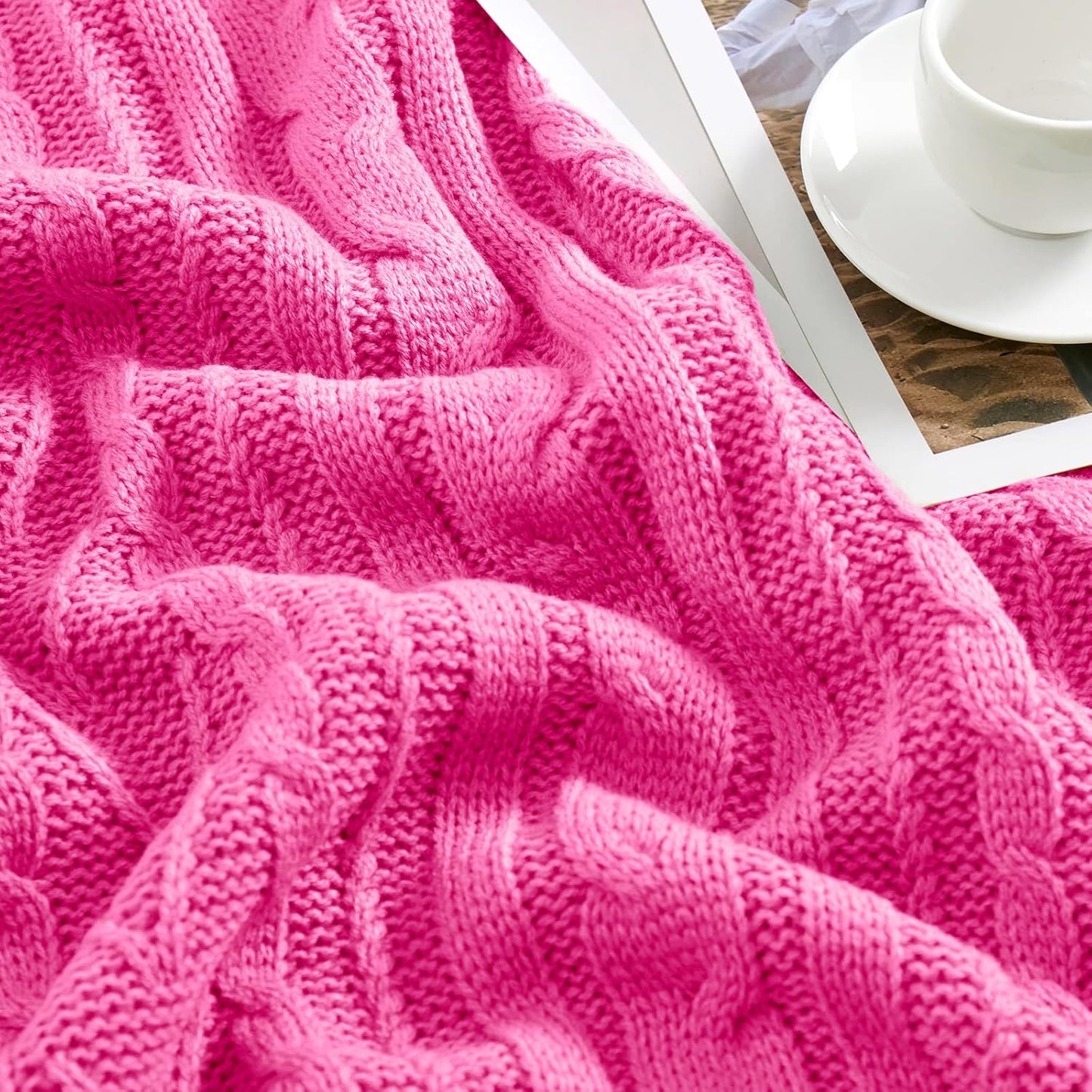 Aormenzy Hot Pink Cable Knit Throw Blankets for Couch Bed Sofa, Acrylic Knitted Blanket, Soft Cozy Throw Blanket, 50" x 60"