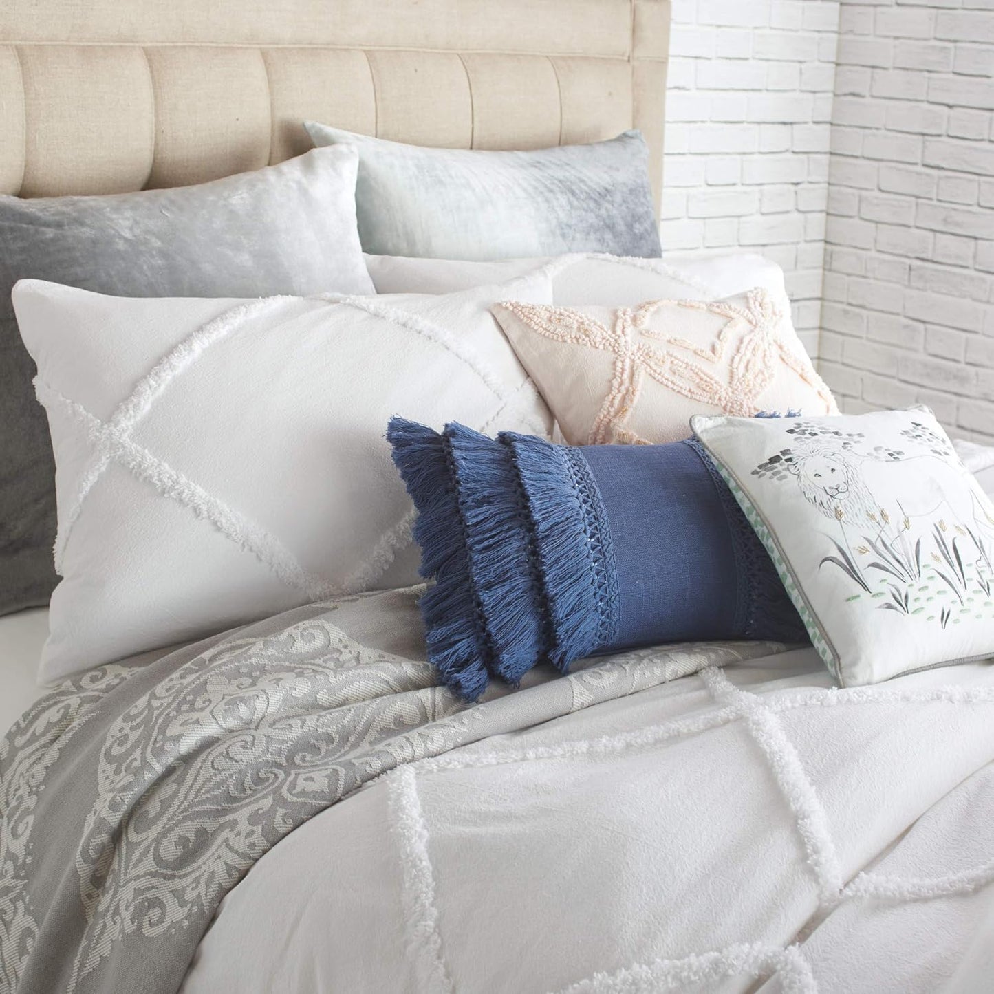 Chenille Lattice 100% Cotton Duvet Cover, Full/Queen, White