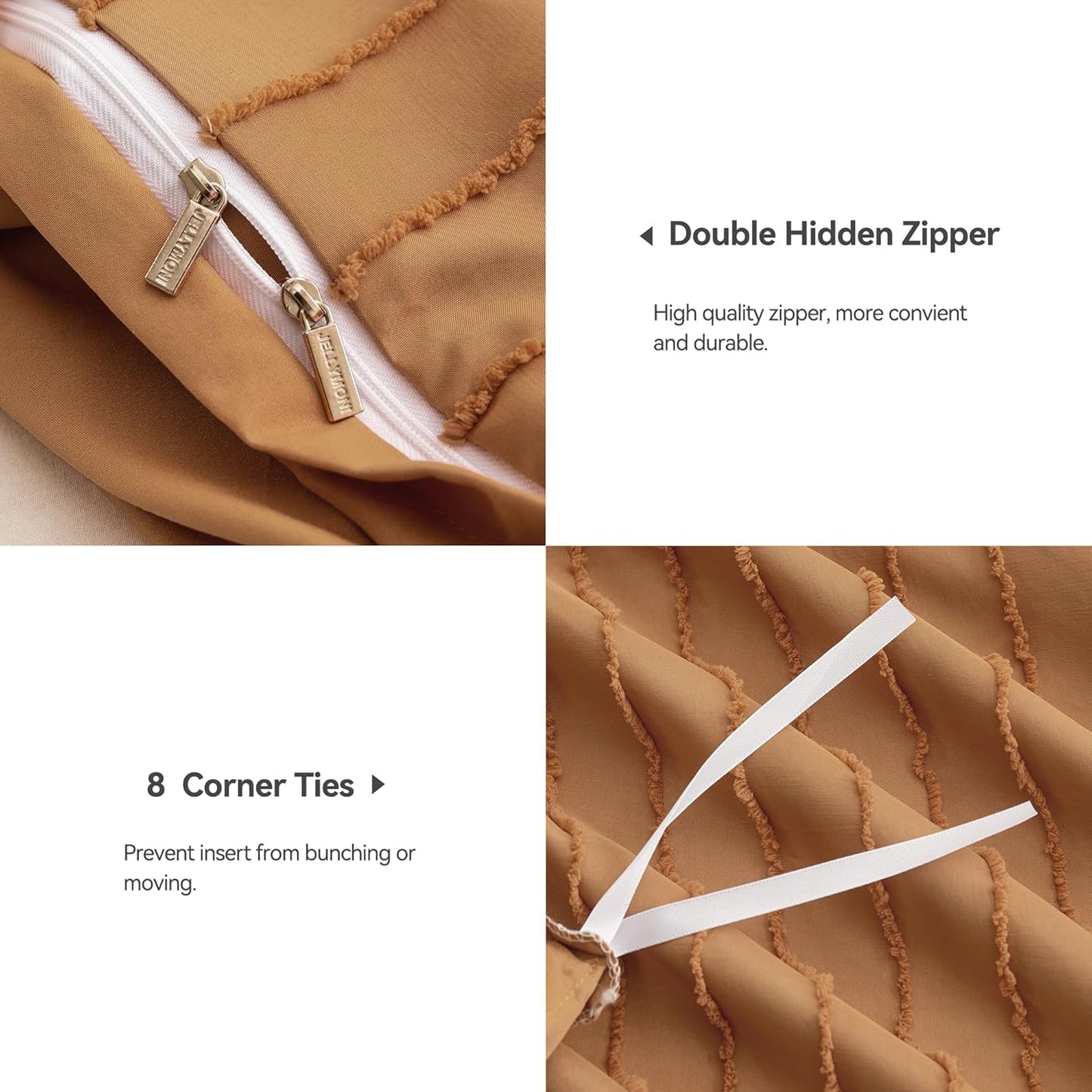 JELLYMONI Duvet Cover Queen Size Rust - 3PCS Boho Striped Duvet Cover Set Polyester Tufted Bohemian Textured Comforter Cover 90×90in with Corner Ties & Zipper and 2 Pillowcases