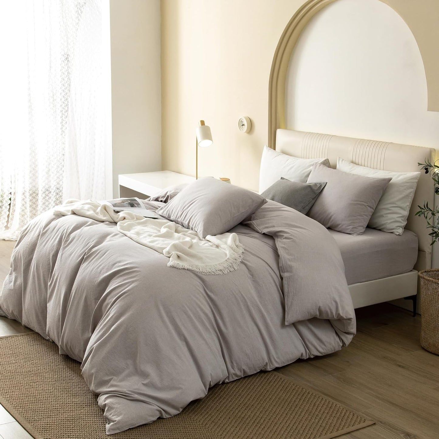 JIYUAN 100% Washed Cotton Duvet Cover Set 3 Pieces Queen, 1 Duvet Cover 90x90 Inches(Comforter Not Included) and 2 Pillowcases,Linen Feel Bedding Set Comfy and Breathable, Heathered Linen