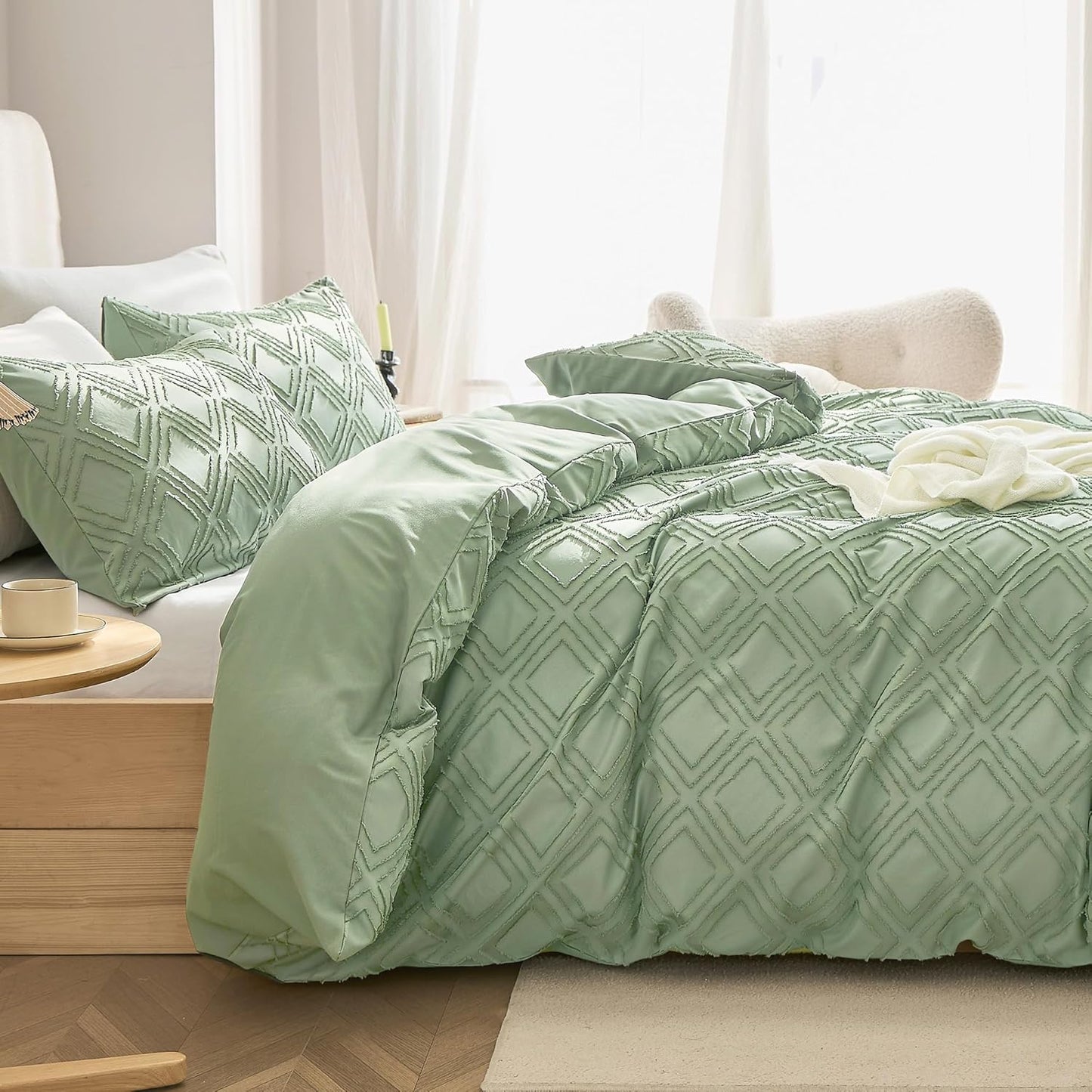 JELLYMONI Duvet Cover King Size Light Green - 3PCS Boho Duvet Cover Set Plaid Polyester Tufted Bohemian Jacquard Knit Textured Comforter Cover 104×90in Rhombic Geometric Pattern Zipper Corner Tie