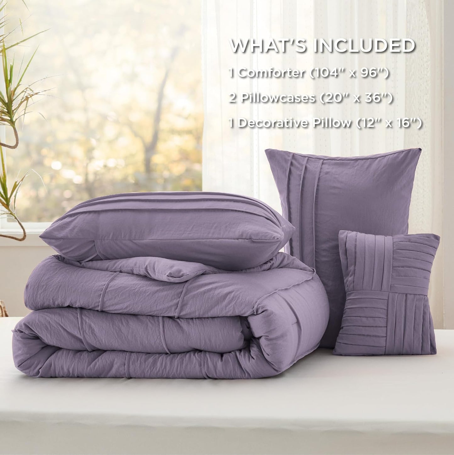 Bedsure California King Comforter Set - 4 Pieces Pinch Pleat Bed Set, Purple Boho Bedding for All Season, 1 Soft Comforter, 2 Pillowcases, 1 Decorative Pillow