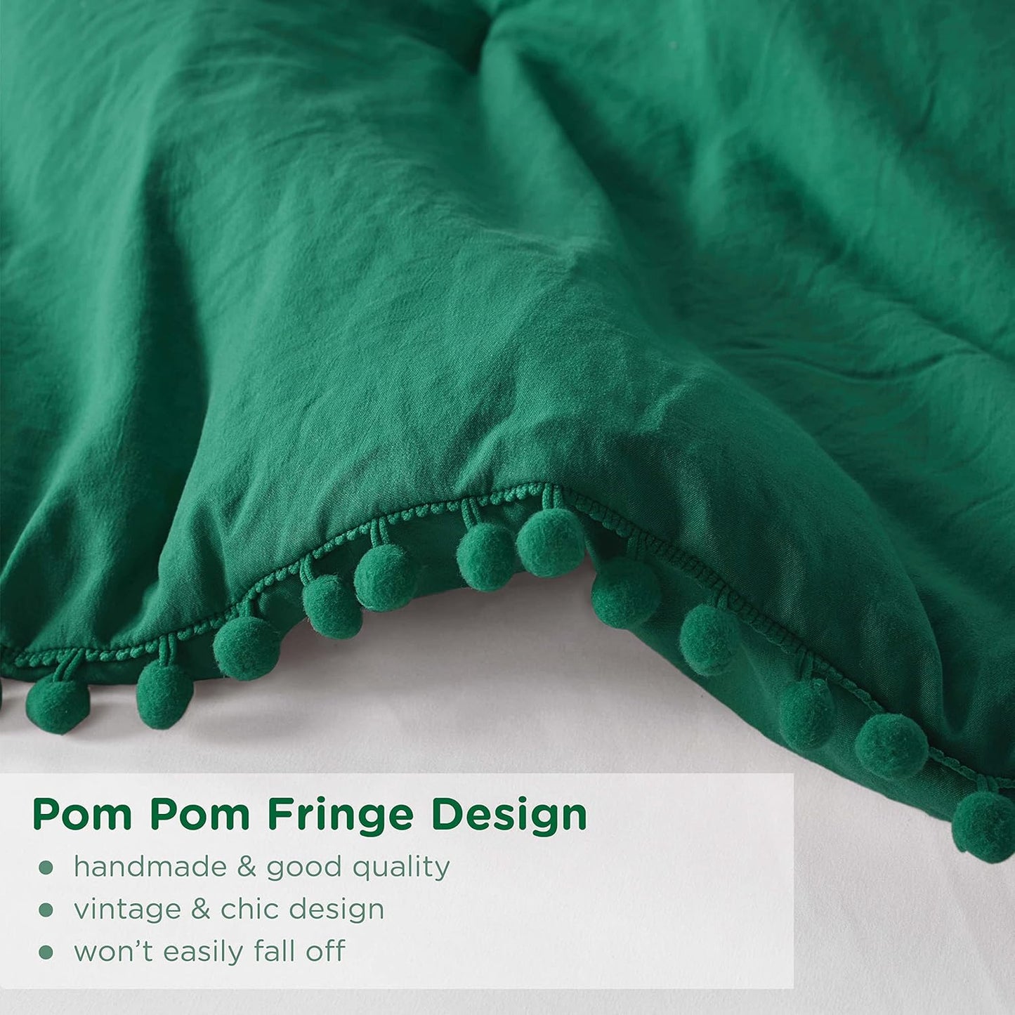 Codi Emerald Green Boho Twin Comforter Set, Aesthetic Luxurious Pom Fringe Design Bedding,Cute Soft Washed Microfiber Bed Sets, Lightweight Chic,1 Comforter & 1 Pillowcase