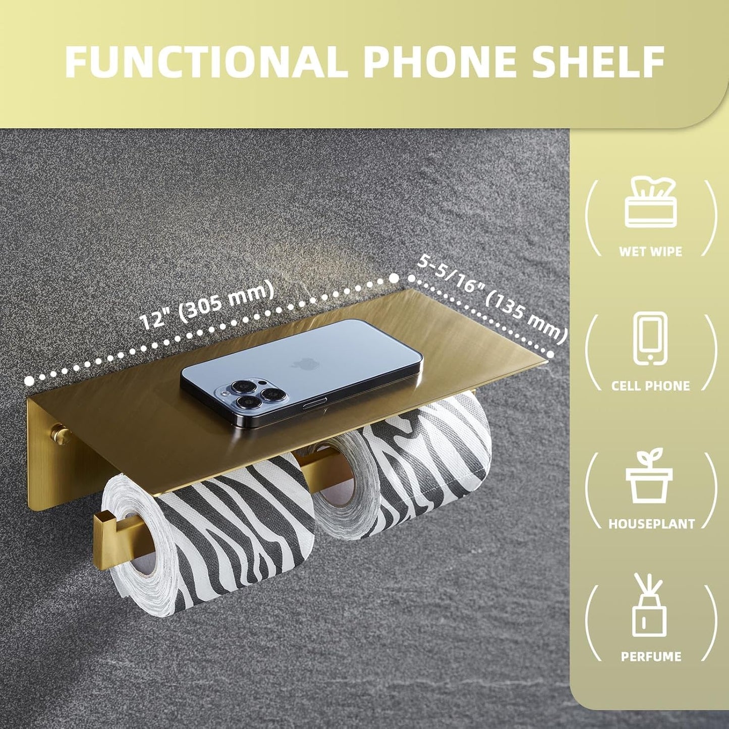 Angle Simple Toilet Paper Holder with Shelf Brushed Gold, 304 Stainless Steel Double Toilet Tissue Holder for Wall