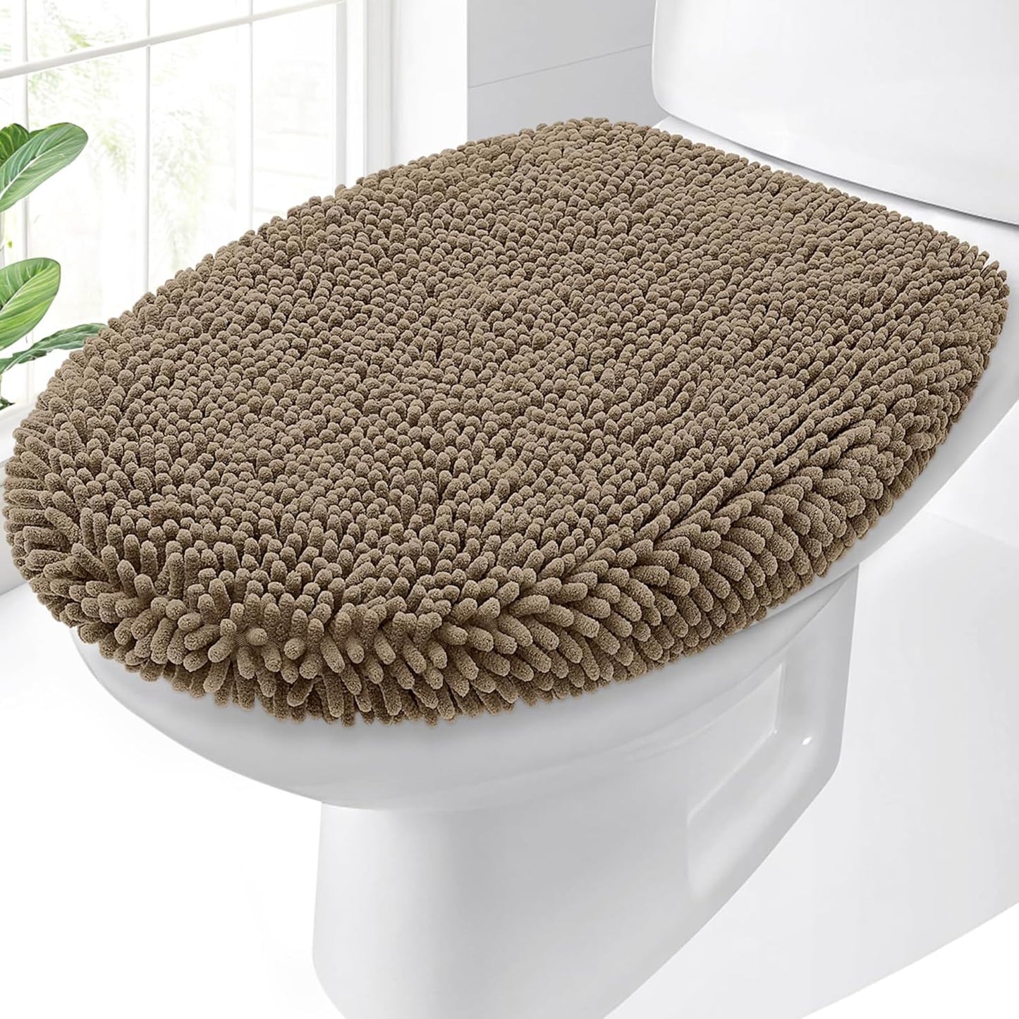 OLANLY Soft Chenille Bathroom Toilet Lid Cover, Machine Washable Seat Covers, 17.5x15, Stays in Place Rubber Backing, Fits Most Round, Elongated and Oblong Lids, Accessories Decor, Tan
