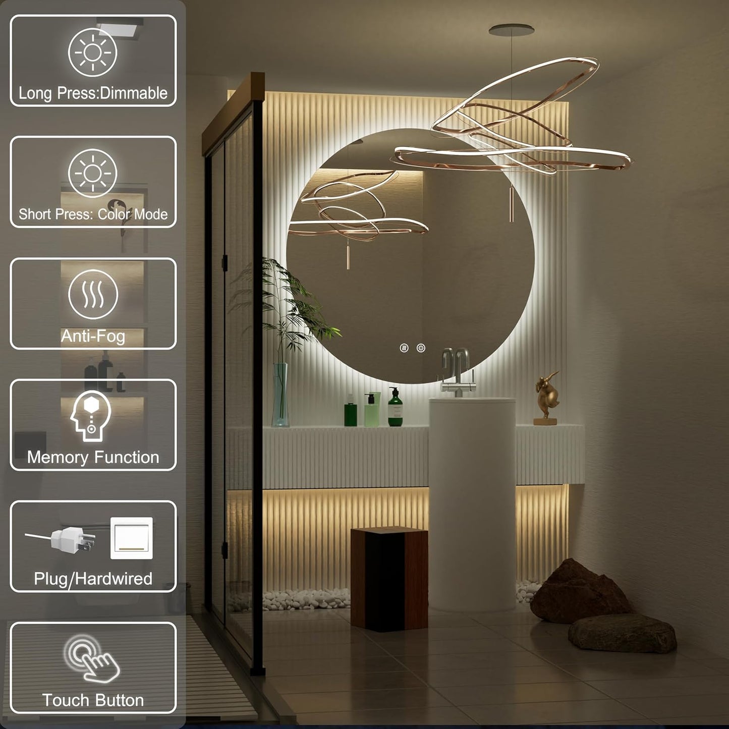 30 Inch Frameless Round Mirror with Light, Round LED Mirror for Bathroom, LED Lighted, Dimmable,Touch, Anti-Fog, Adjustable 3000K/4500K/6000K
