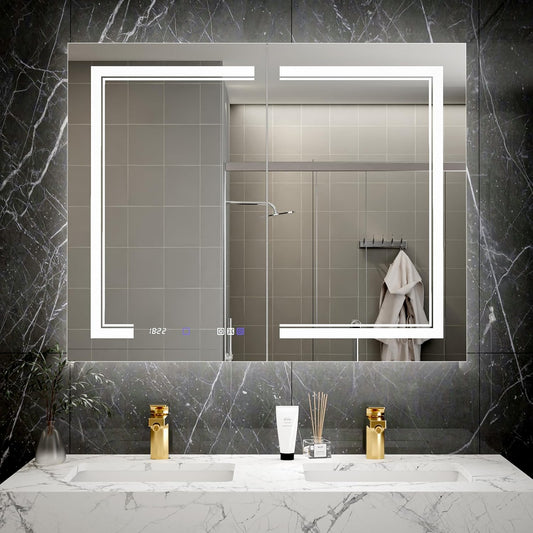 40"x32"Lighted Medicine Cabinet with Mirror，Recessed or Surface Mount LED Medicine Cabinet, Front&Backlit, Clock Temp Display, Anti-Fog, Stepless Dimming, 3-Color Temperatures, Adjustable Shelves