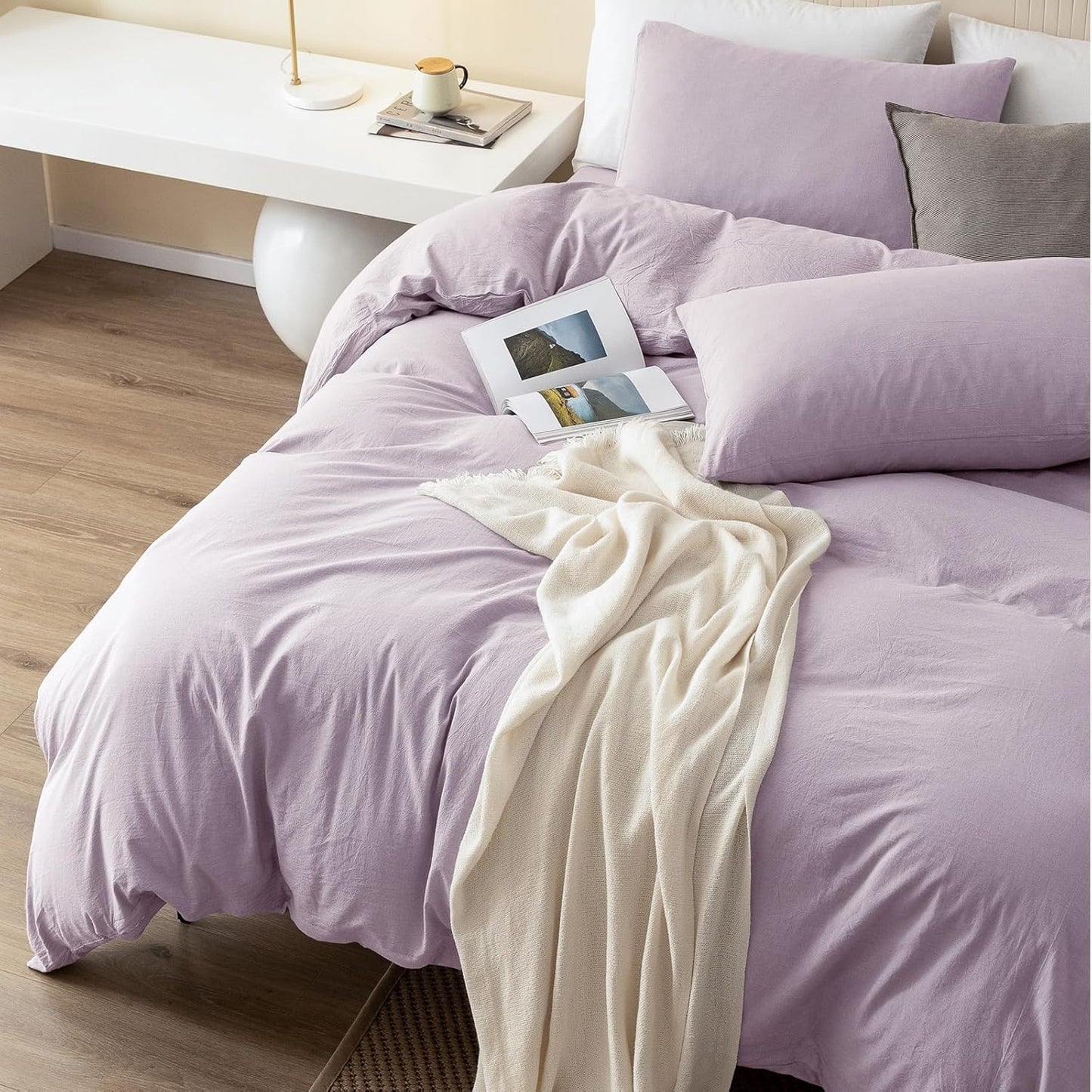 JIYUAN 100% Washed Cotton Duvet Cover Set 3 Pieces Cal King, 1 Duvet Cover 104x98 Inches(Comforter Not Included) and 2 Pillowcases,Linen Like Comfy and Breathable,Heathered Light Purple