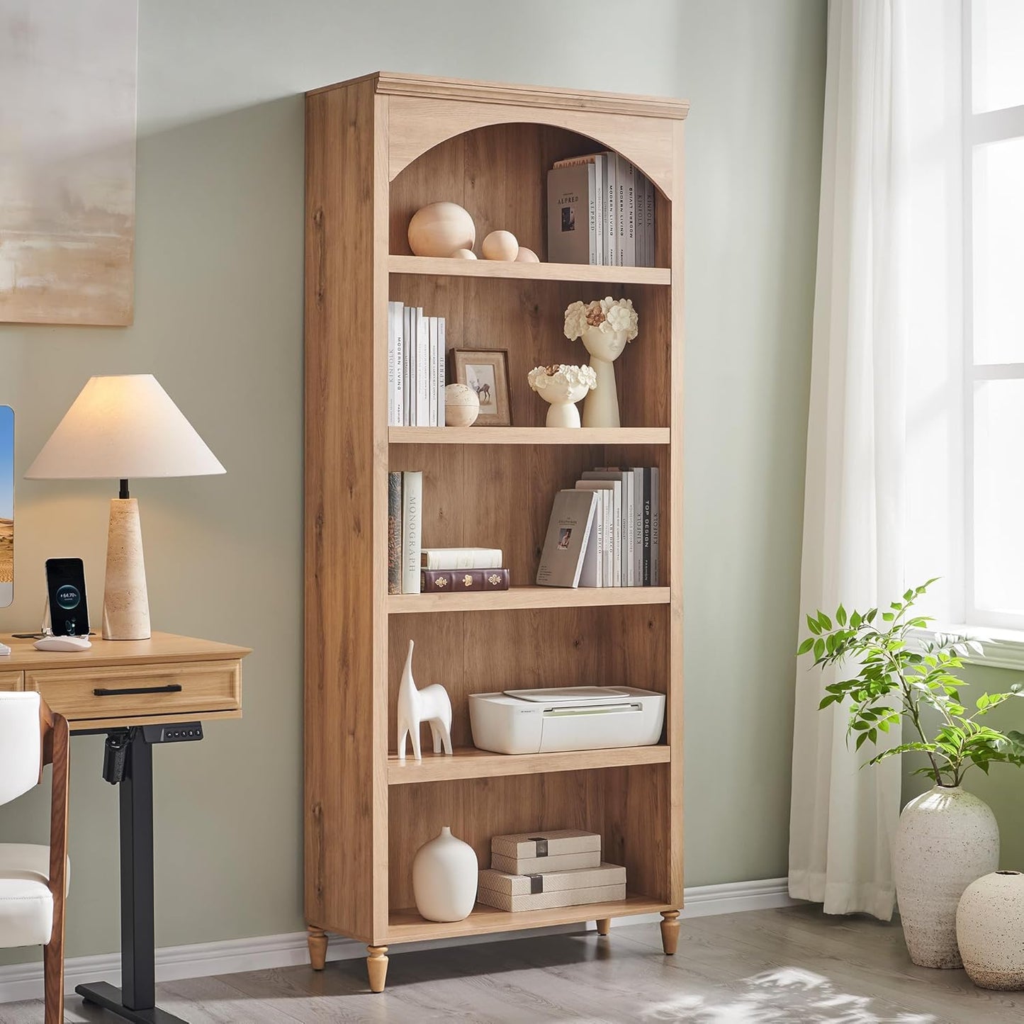 76" Tall Arched Bathroom Storage Cabinet, 5 Tiers Large Farmhouse Arched Cabinet w/Adjustable Shelves, Modern Wooden Storage Cabinet for Bathroom, Living Room, Entryway, Study Room (Natural)