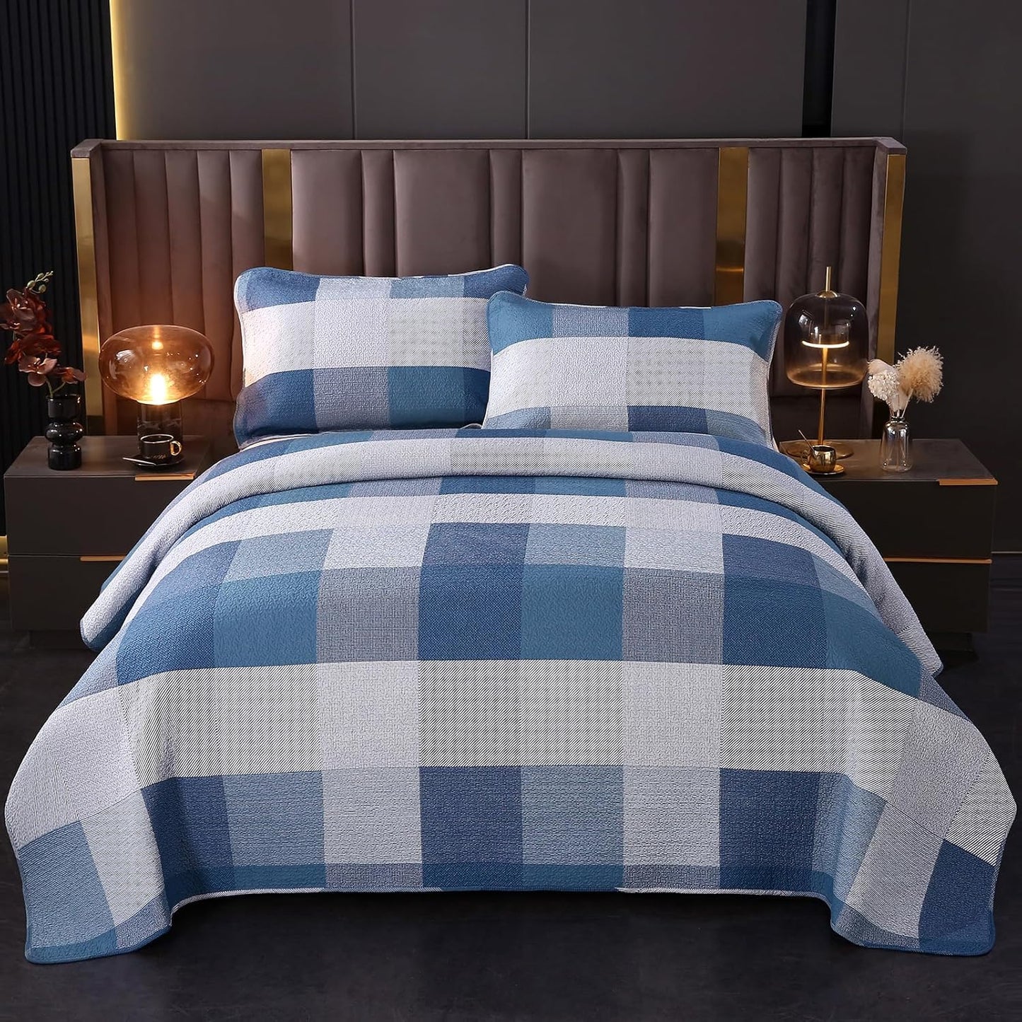 vctops Cotton Quilted Patchwork Quilt Set Queen Size Farmhouse Blue Plaid Bedspreads Coverlet 3 Pieces Summer Lightweight 1 Quilt and 2 Pillow Shams for All Season (Plaid A,Queen)