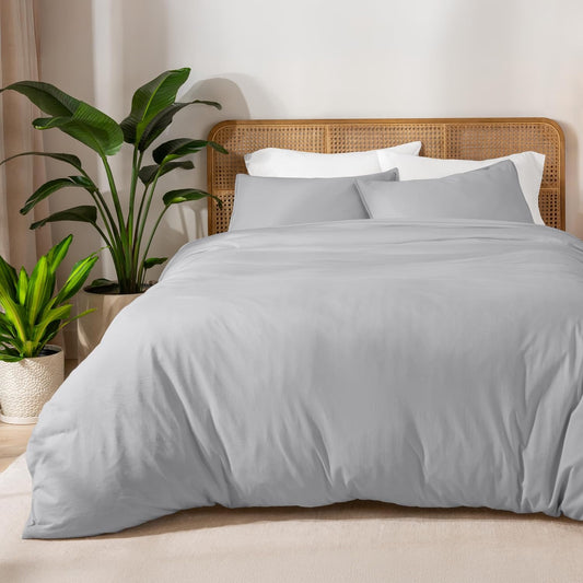 Bare Home 100% Organic Cotton Jersey Duvet Cover Set - Twin/Twin XL Size - Ultra Soft - 100% Cotton - 2pcs - Corner Ties - Button Closure - Bed Duvet Cover & Pillow Shams (Light Grey)