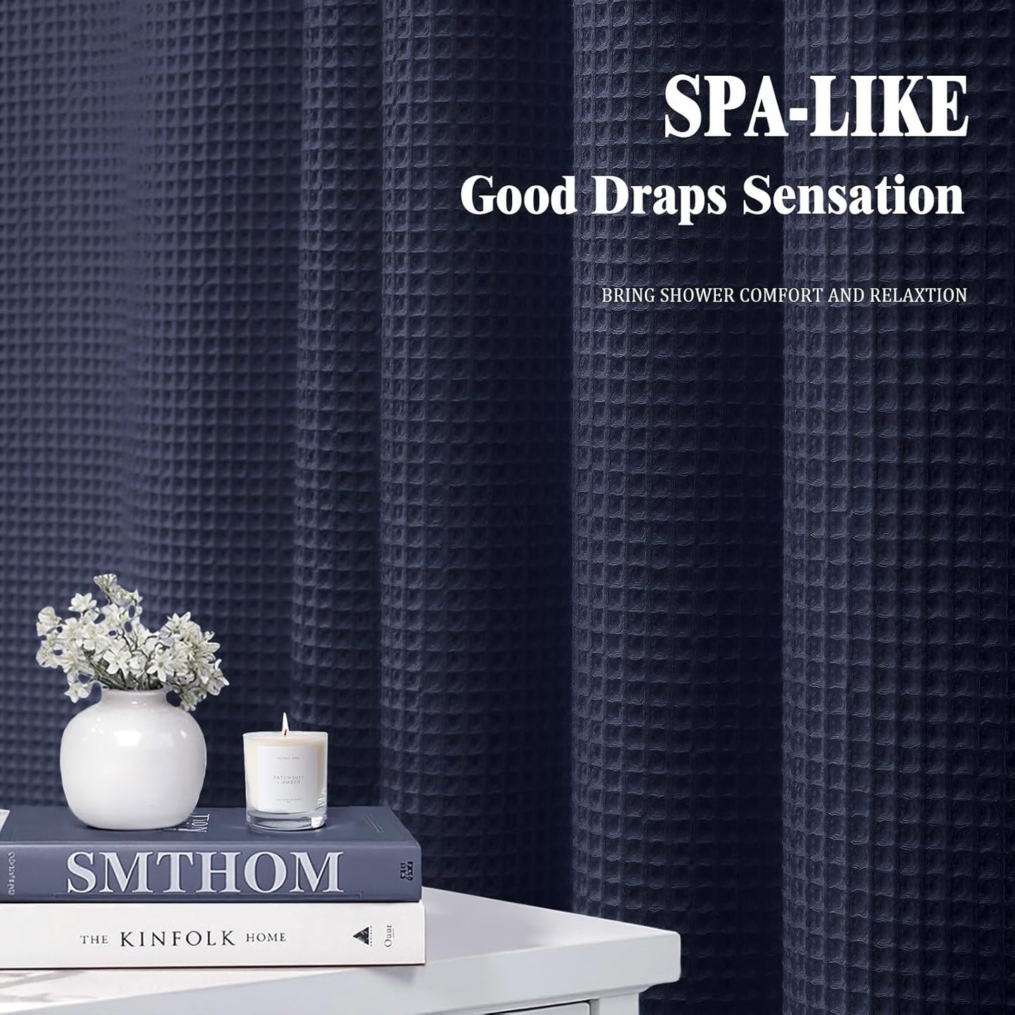 Waffle Weave Shower Curtain - Navy Blue Cotton Fabric Texture Heavyweight Shower Curtain for Bathroom,Washable,72Wx75L