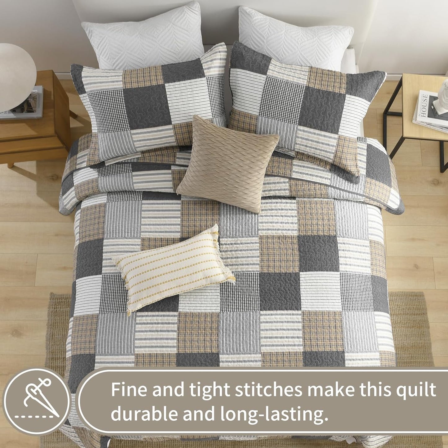 KALOOLA Plaid Quilts Queen Size, 100% Cotton Soft Lightweight Bedding Set 3 Pieces, Farmhouse Quilted Bedspread with 2 Pillowshams for Queen Bed, Grey White Black Coverlet for All Season