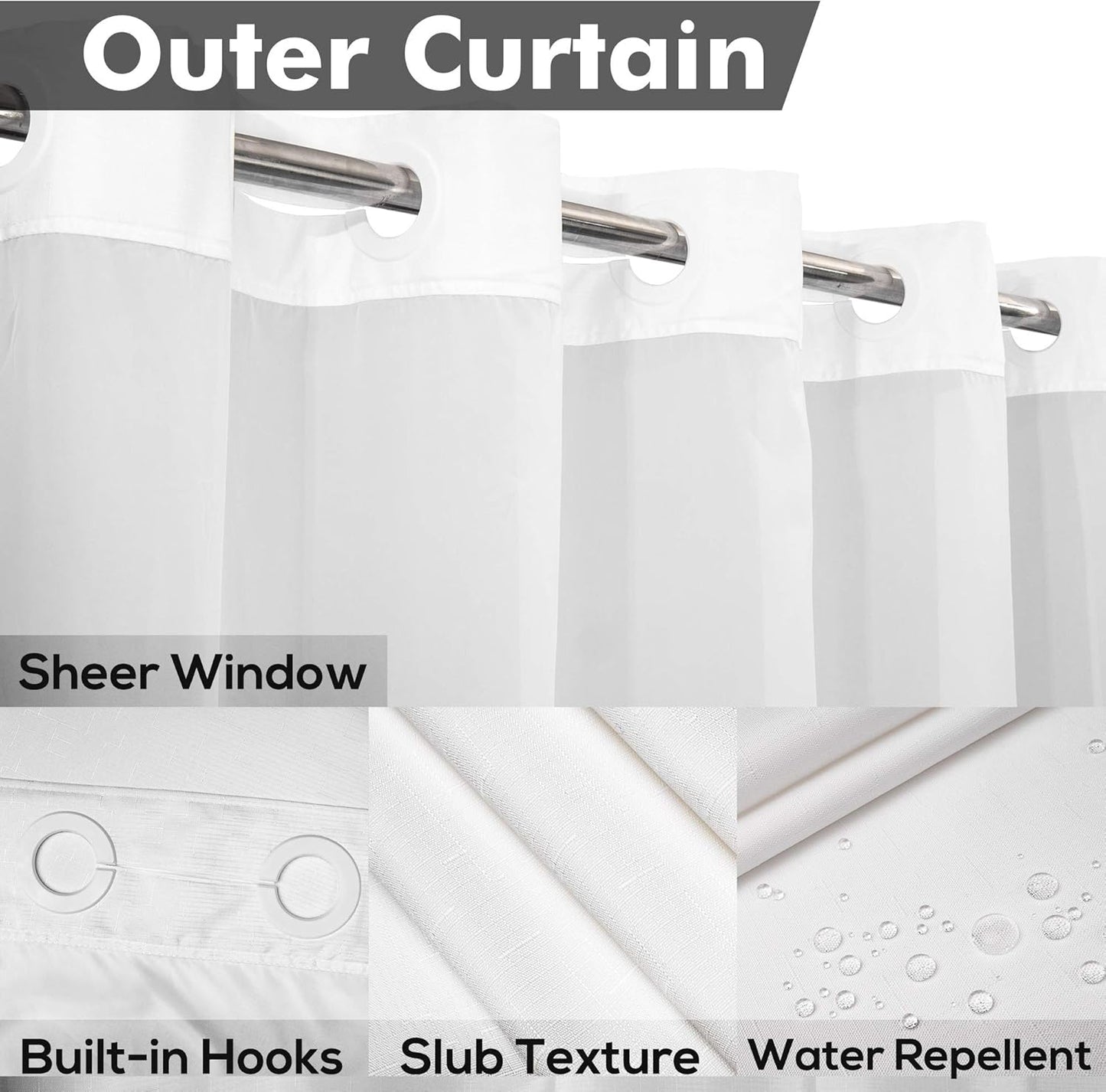 River Dream Long No Hook Slub Textured Shower Curtain with Snap-in PEVA Liner Set - 71" x 80"(78"), Hotel Style with See Through Top Window, Fabric Curtain & Waterproof Liner, White, 71x80