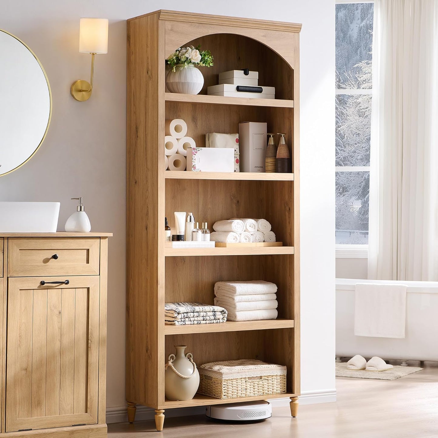 76" Tall Arched Bathroom Storage Cabinet, 5 Tiers Large Farmhouse Arched Cabinet w/Adjustable Shelves, Modern Wooden Storage Cabinet for Bathroom, Living Room, Entryway, Study Room (Natural)
