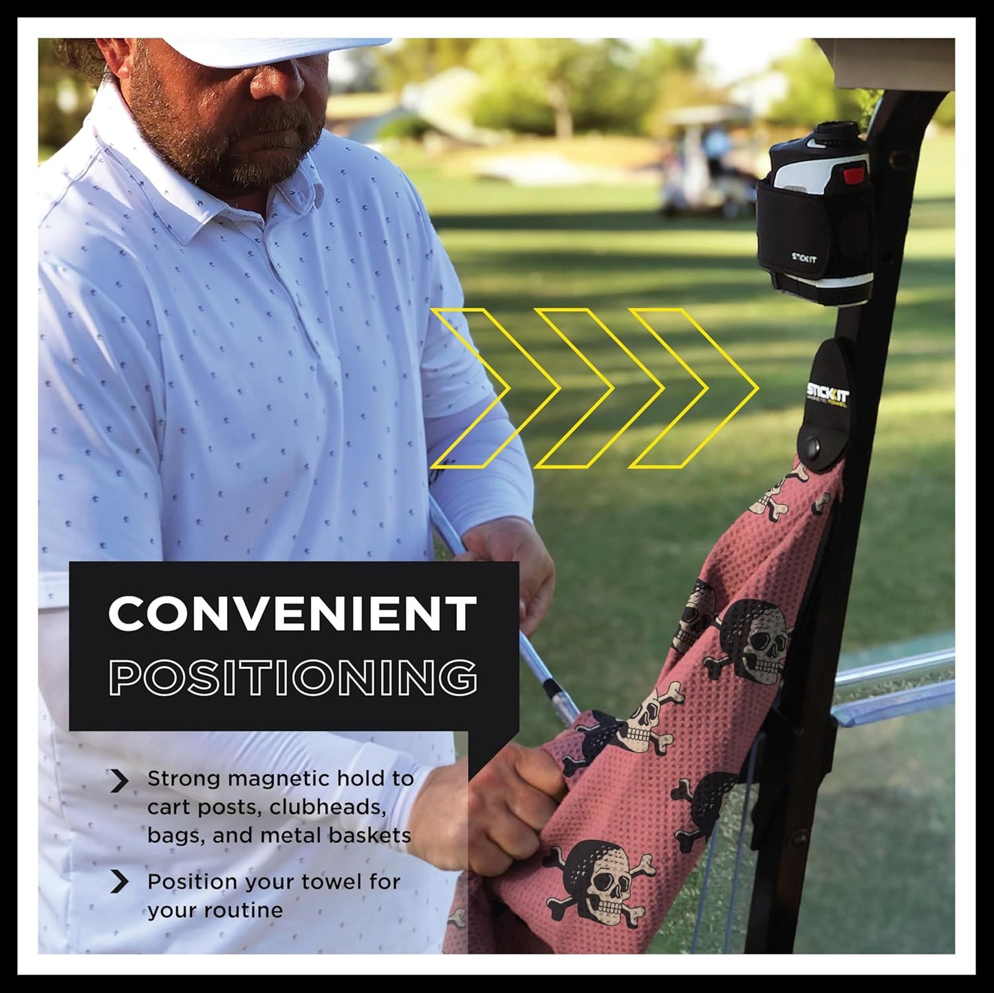 STICKIT Magnetic Golf Towel with Pink Skulls | Top-Tier Microfiber Golf Towel with Deep Waffle Pockets | Industrial Strength Magnet for Strong Hold to Golf Carts or Clubs