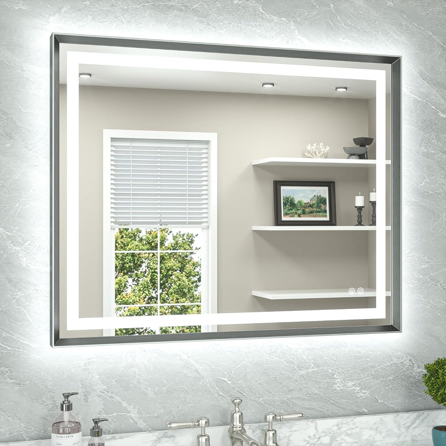 TETOTE 40 x 32 Bathroom LED Mirror Brushed Gunmetal Gray Frame Frontlit & Backlit Vanity Mirror Anti-Fog Stepless Dimmable 3 Colors White/Warm/Natural Wall-Mounted