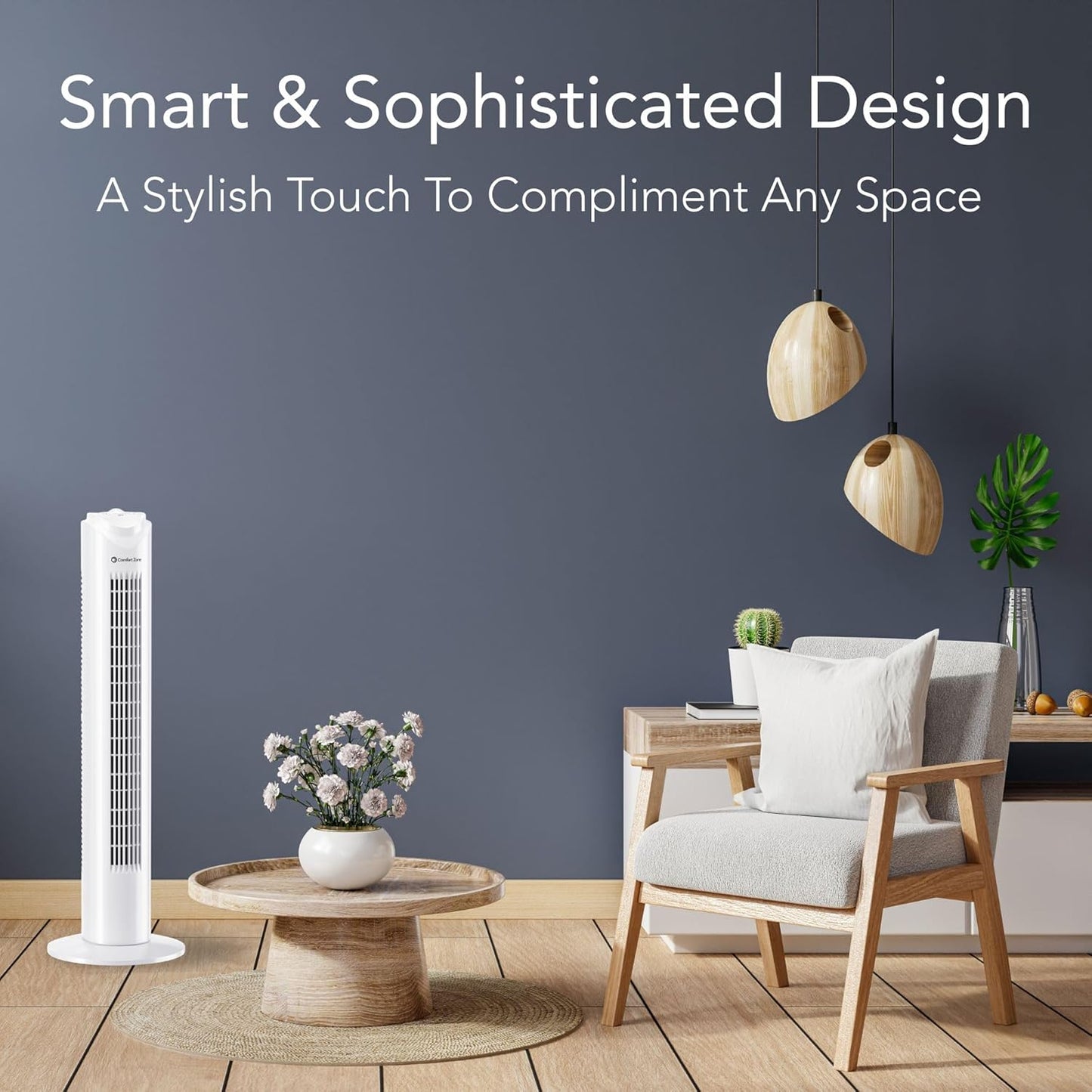 Comfort Zone Tower Fan for Bedroom, 32 inch, 3 Speeds, 90 Oscillation, Bladeless Indoor Fan, Built in Carry Handle, Portable Stand Fan, White