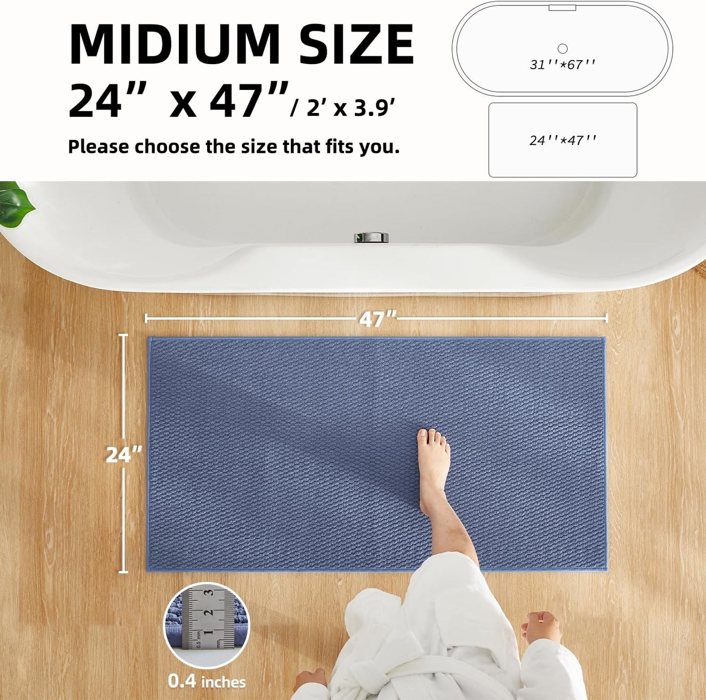 Bathroom Rugs Non Slip Washable, Super Absorbent Thin Bath Mat Quick Dry Low Pile Bathroom Rug, Denim Blue 24"x47"