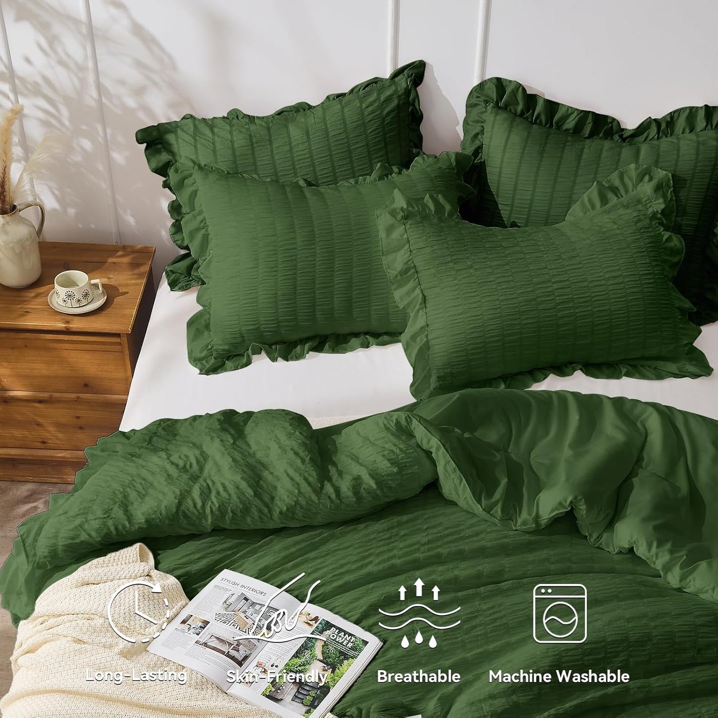 JOLLYVOGUE Dark Green Twin Size Comforter Set, 2 Pieces Seersucker Lightweight Fluffy Bedding Set, Twin Ruffle Comforter, All Season Soft Microfiber Shabby Chic Bed Set