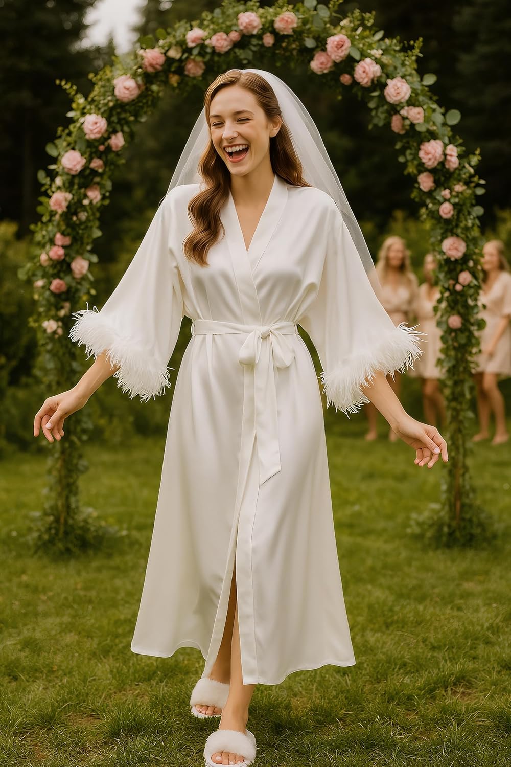 PRODESIGN Satin Kimono Robe Long Silky Bathrobe with Ostrich Feather Trim Sleepwear Wedding Bridesmaid Dressing Gown