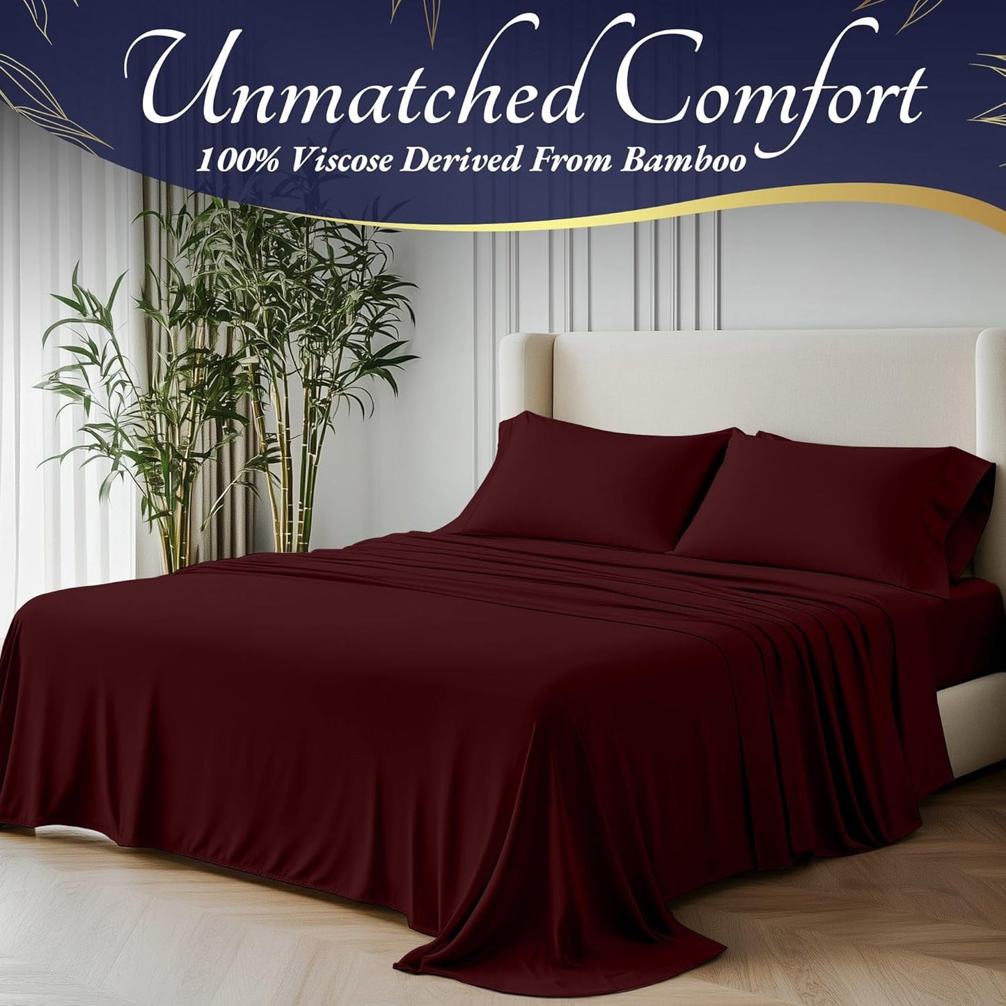 DECOLURE 100% Viscose Derived from Bamboo Sheets Queen Size 4pcs - Ultra Soft & Luxuriously Cooling, 17" Deep Pocket, Double Stitching, Perfect for Hot Sleepers - Queen Bed Sheets (Burgundy)