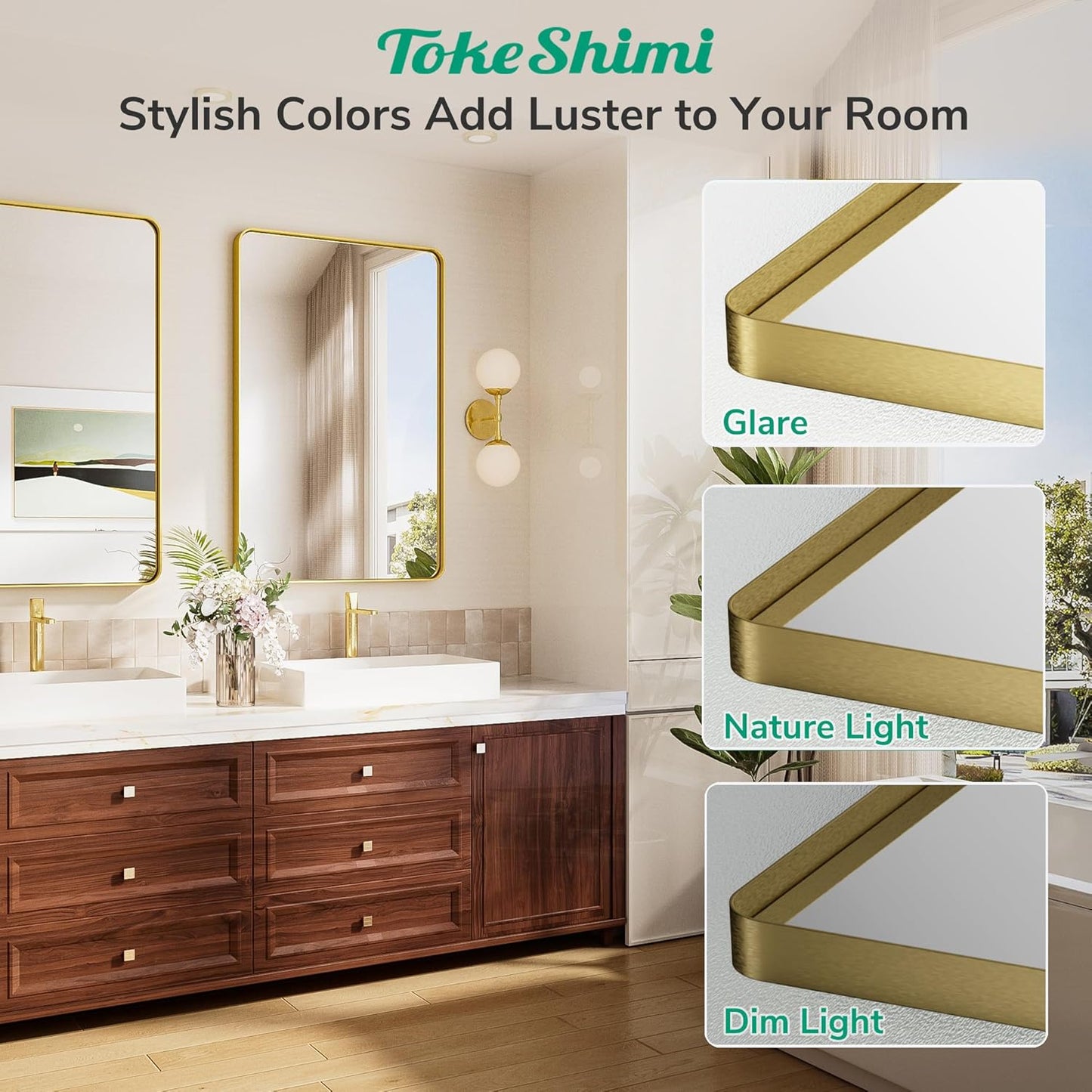 TokeShimi 48x30 Wall Mirror for Bathroom,Brushed Gold Bathroom Vanity Mirror Modern,Tempered Glass,Large Bathroom Mirror Rectangle,Metal Framed Bathroom Mirror(Horizontal/Vertical)