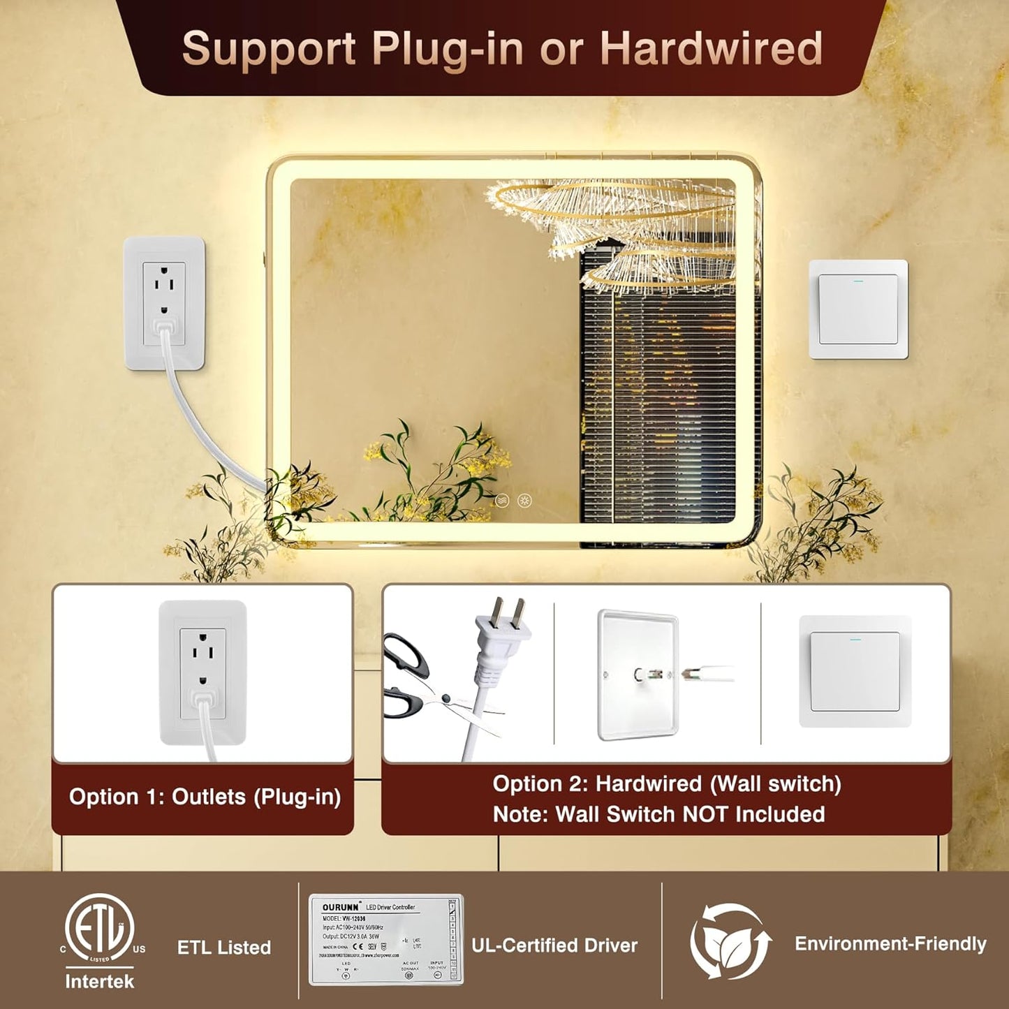 72x32 Inch Led Mirror for Bathroom with Front Light and Backlit, Large Wall Mounted Bathroom Mirror with 3 Colors, Dimmable, Anti-Fog Vanity Mirror with Lights