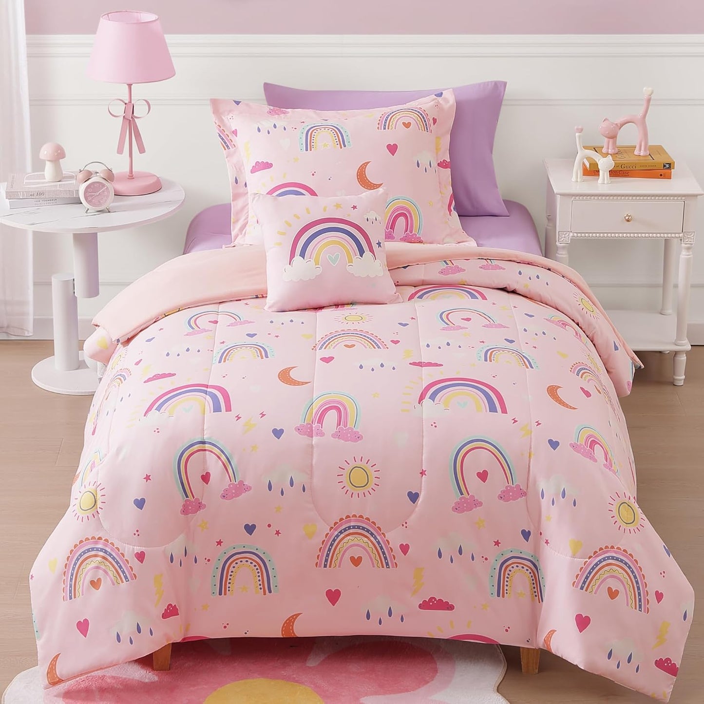 Twin Comforter Set for Girls-3 Pieces Pink Rainbow Glow in The Dark Twin Bedding Sets for Kids,1 Comforter,1 Sham and 1 Decor Pillow