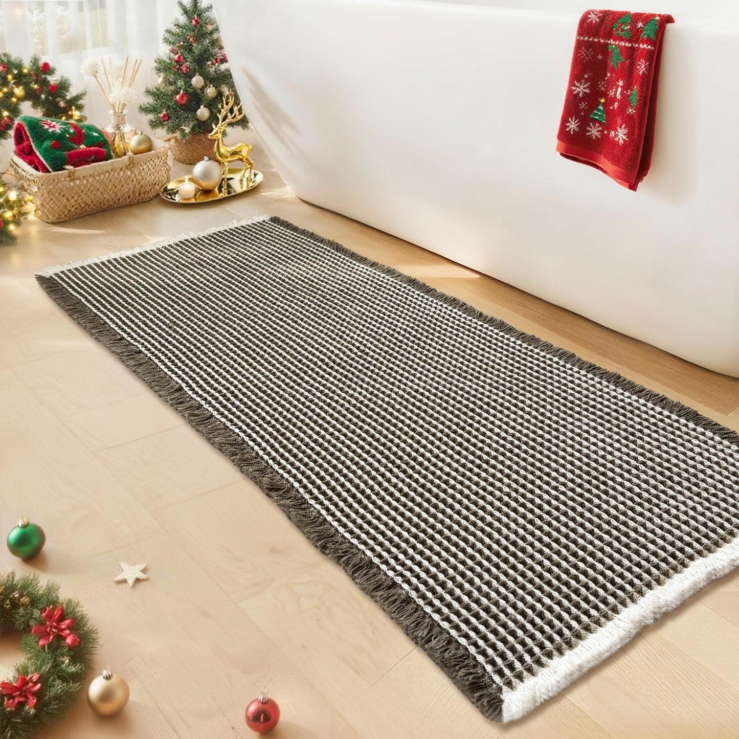 Waffle Bath Mat - Boho Bathroom Rugs Non Slip Washable, Super Absorbent & Quick Dry, Soft Bath Mat Farmhouse Bathroom Decor, 20'' x 48'', Olive Green and White