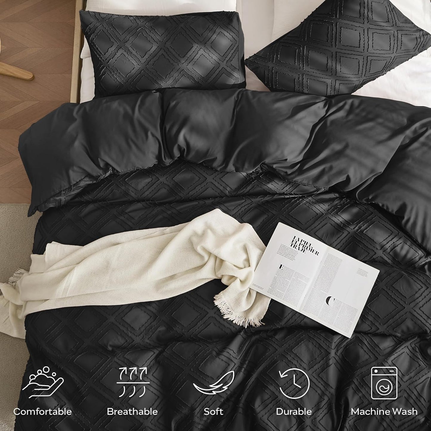 JELLYMONI Duvet Cover Queen Size Black - 3PCS Boho Duvet Cover Set Plaid Polyester Tufted Bohemian Jacquard Knit Textured Comforter Cover 90×90in Rhombic Geometric Pattern Zipper Corner Tie