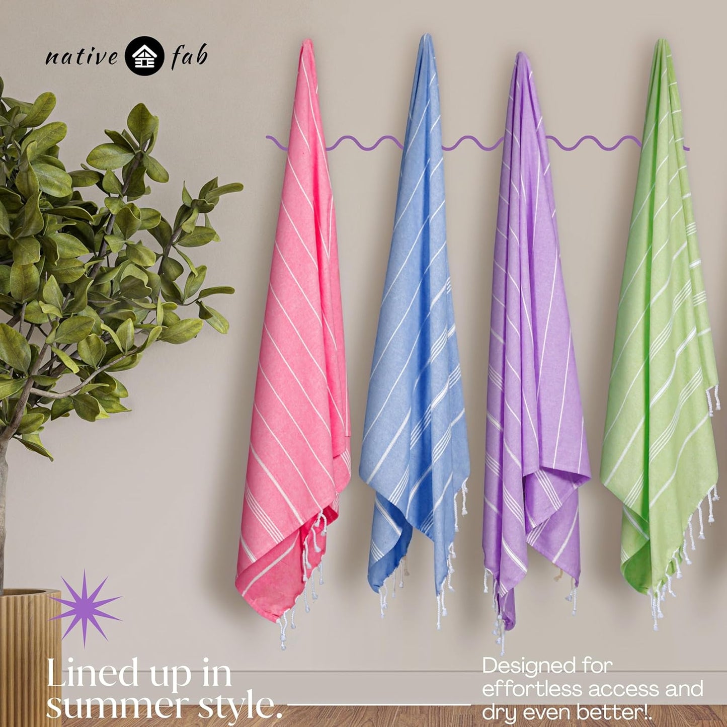 Native Fab 4 Pack Turkish Cotton Beach Towels, Oversized, Soft, Sand Free, Absorbent, Quick Dry, Lightweight for Bath, Pool, Travel, Spa - Rose Pink, Sky Blue, Lavender, Lemon Green