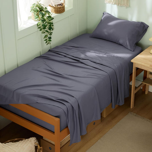 Bedsure Twin XL Sheet Set Dorm Bedding, Cooling Sheets Twin Extra Long Sheets, Rayon Derived from Bamboo, Deep Pocket Up to 16", Hotel Luxury Silky Bedding Sheets & Pillowcases, Dark Grey